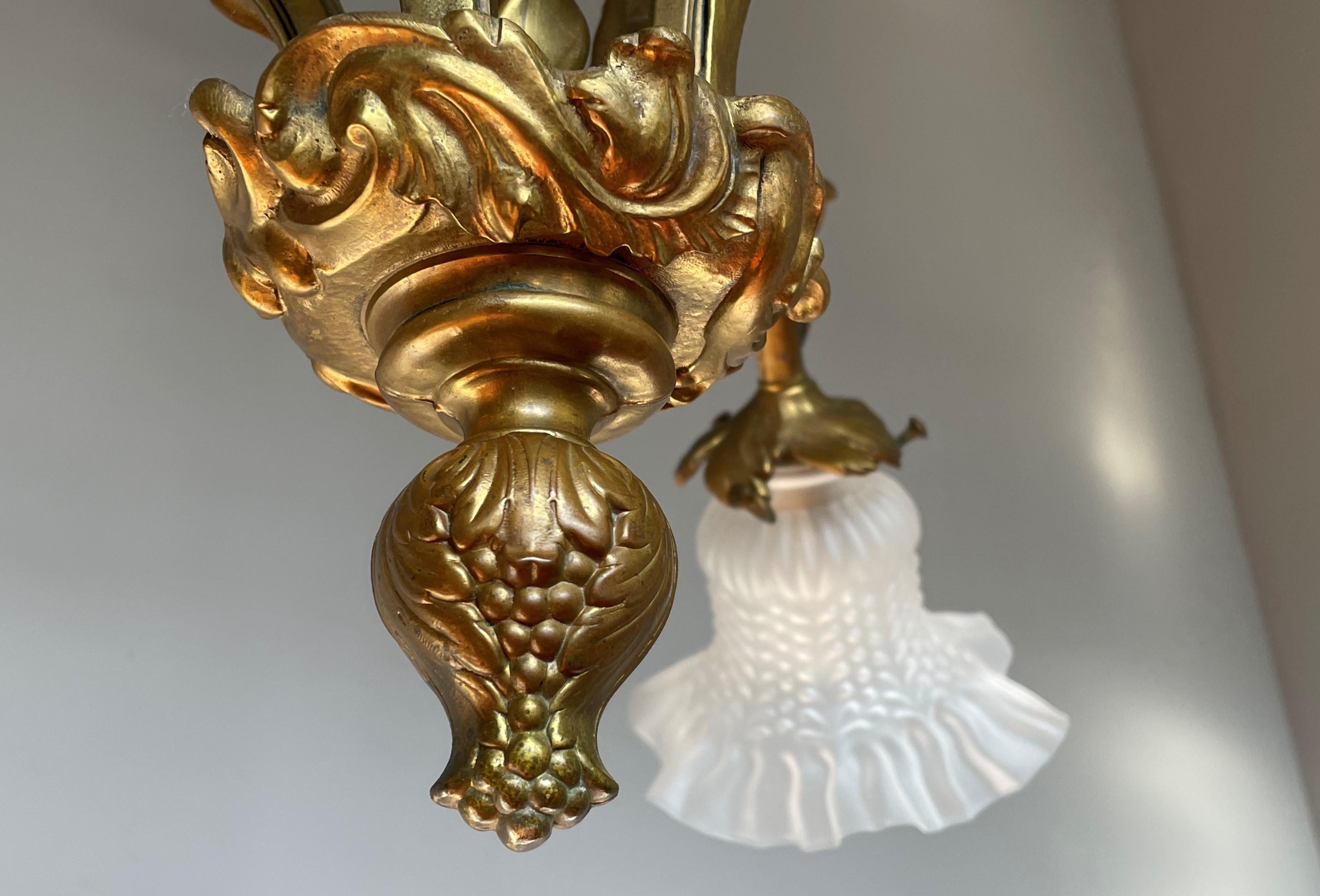 Antique Gilt Bronze and Brass Rococo Style Chandelier with Flowery Glass Shades For Sale 5
