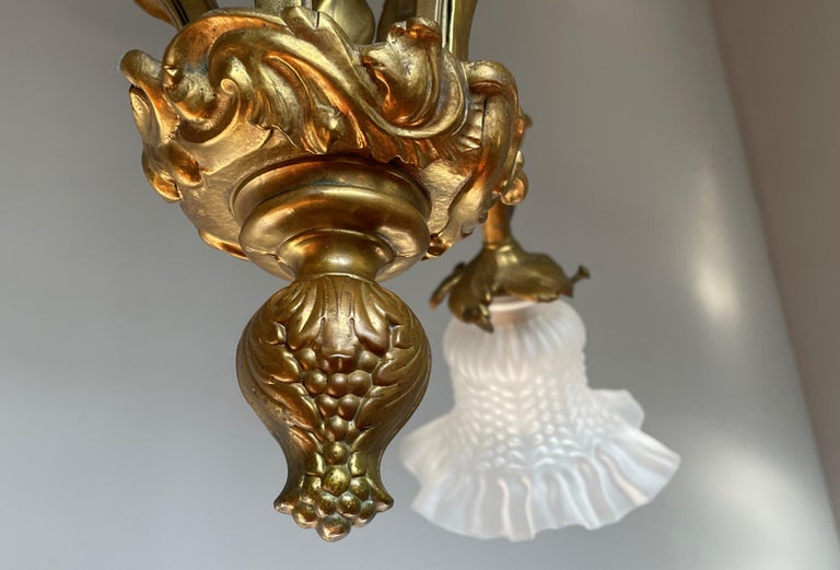 Antique Gilt Bronze and Brass Rococo Style Chandelier with Flowery Glass Shades For Sale 5