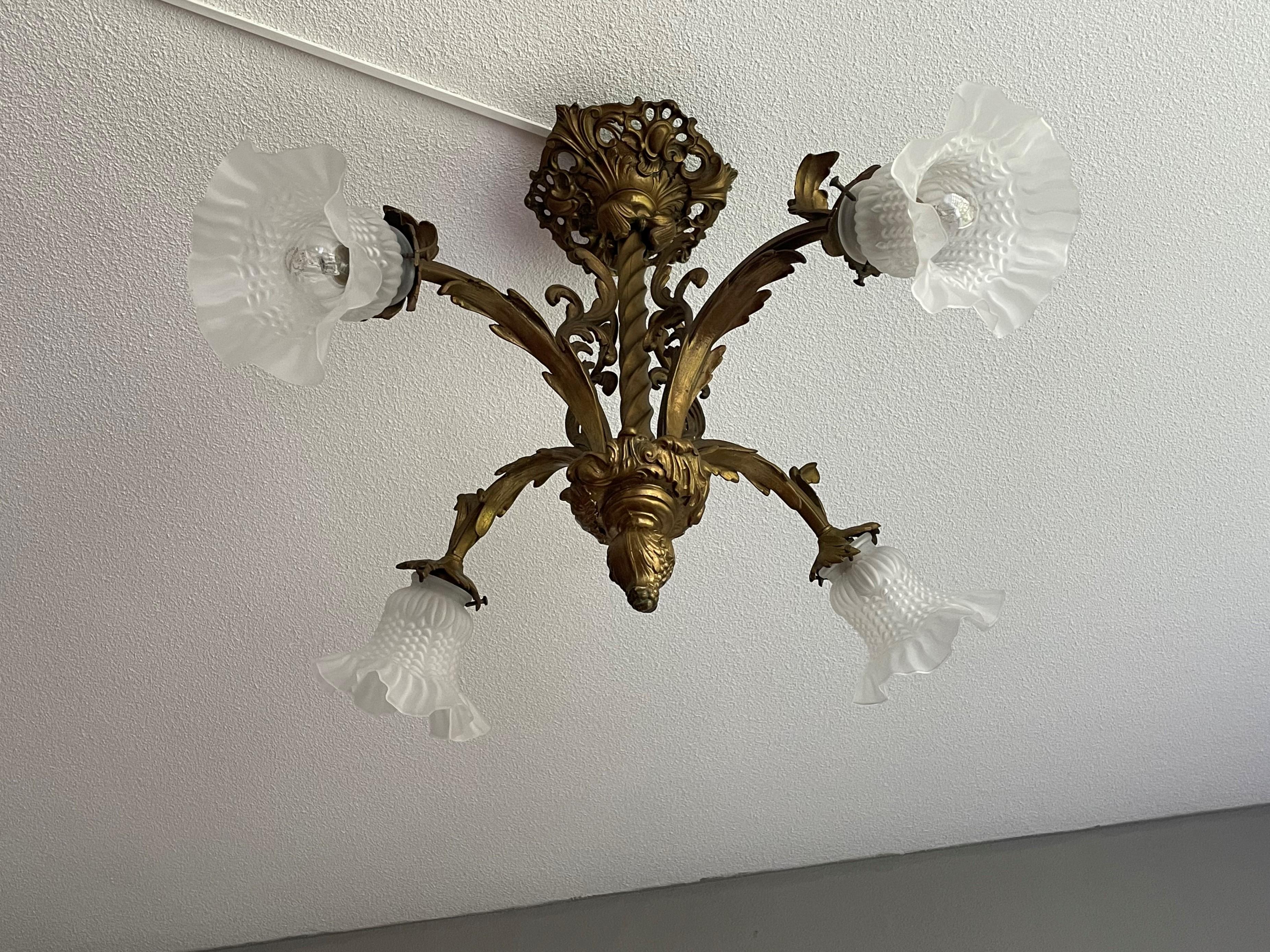 Antique Gilt Bronze and Brass Rococo Style Chandelier with Flowery Glass Shades For Sale 7