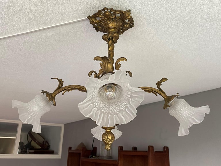 Antique Gilt Bronze and Brass Rococo Style Chandelier with Flowery Glass Shades For Sale 9
