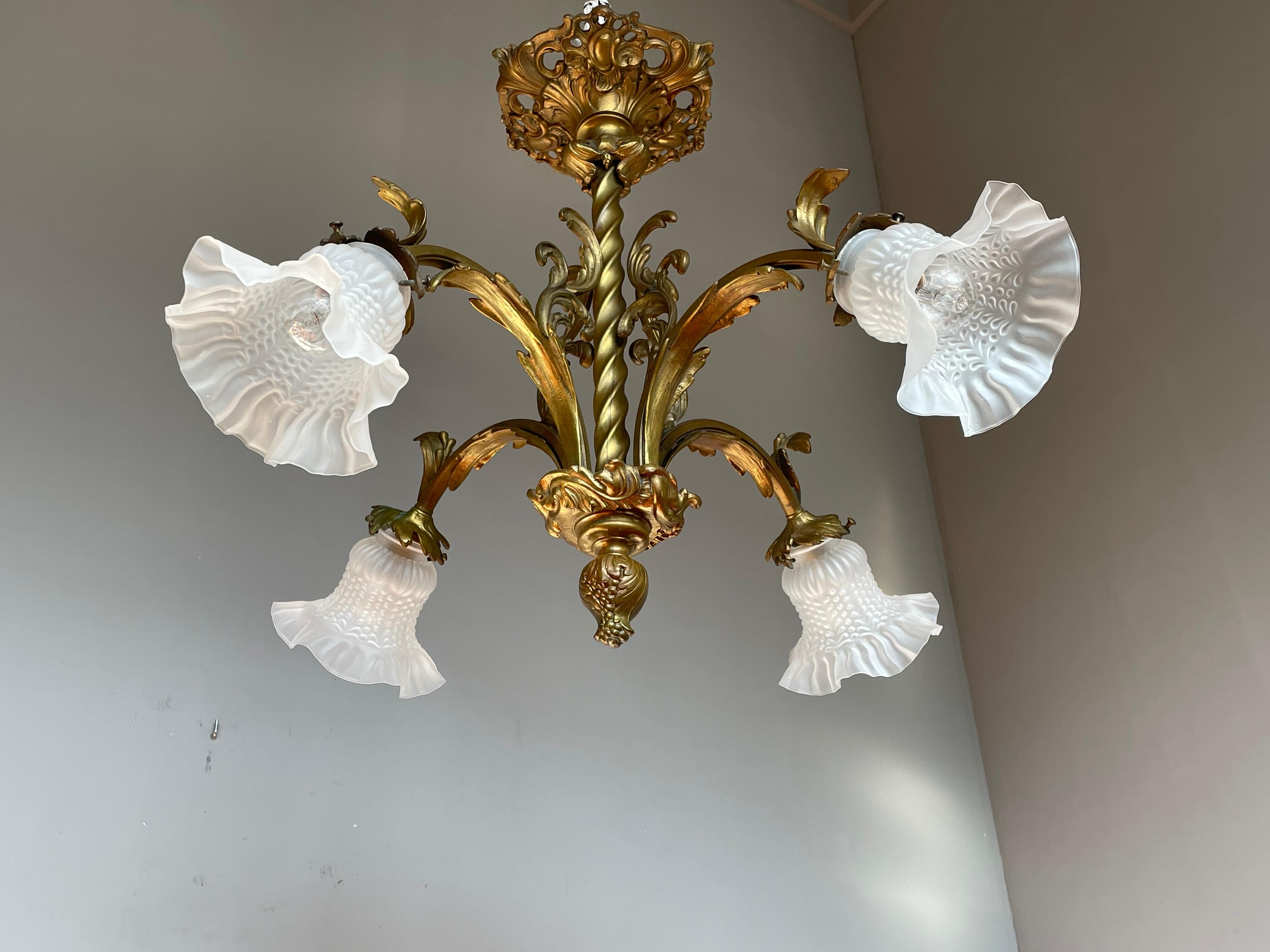 Antique Gilt Bronze and Brass Rococo Style Chandelier with Flowery Glass Shades For Sale 10