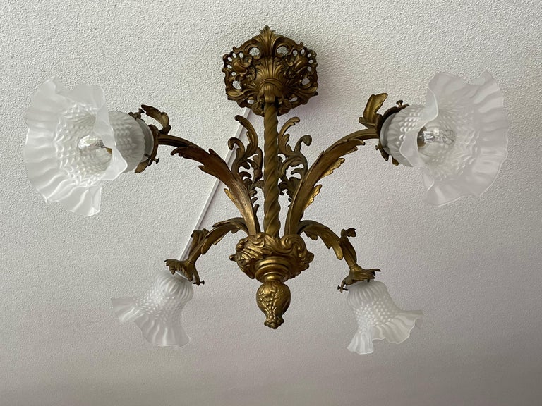 Antique Gilt Bronze and Brass Rococo Style Chandelier with Flowery Glass Shades For Sale 11