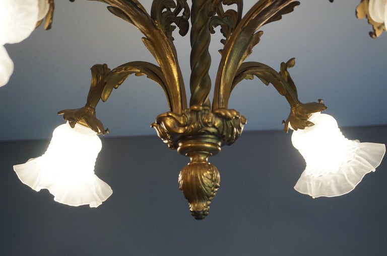 French Antique Gilt Bronze and Brass Rococo Style Chandelier with Flowery Glass Shades For Sale