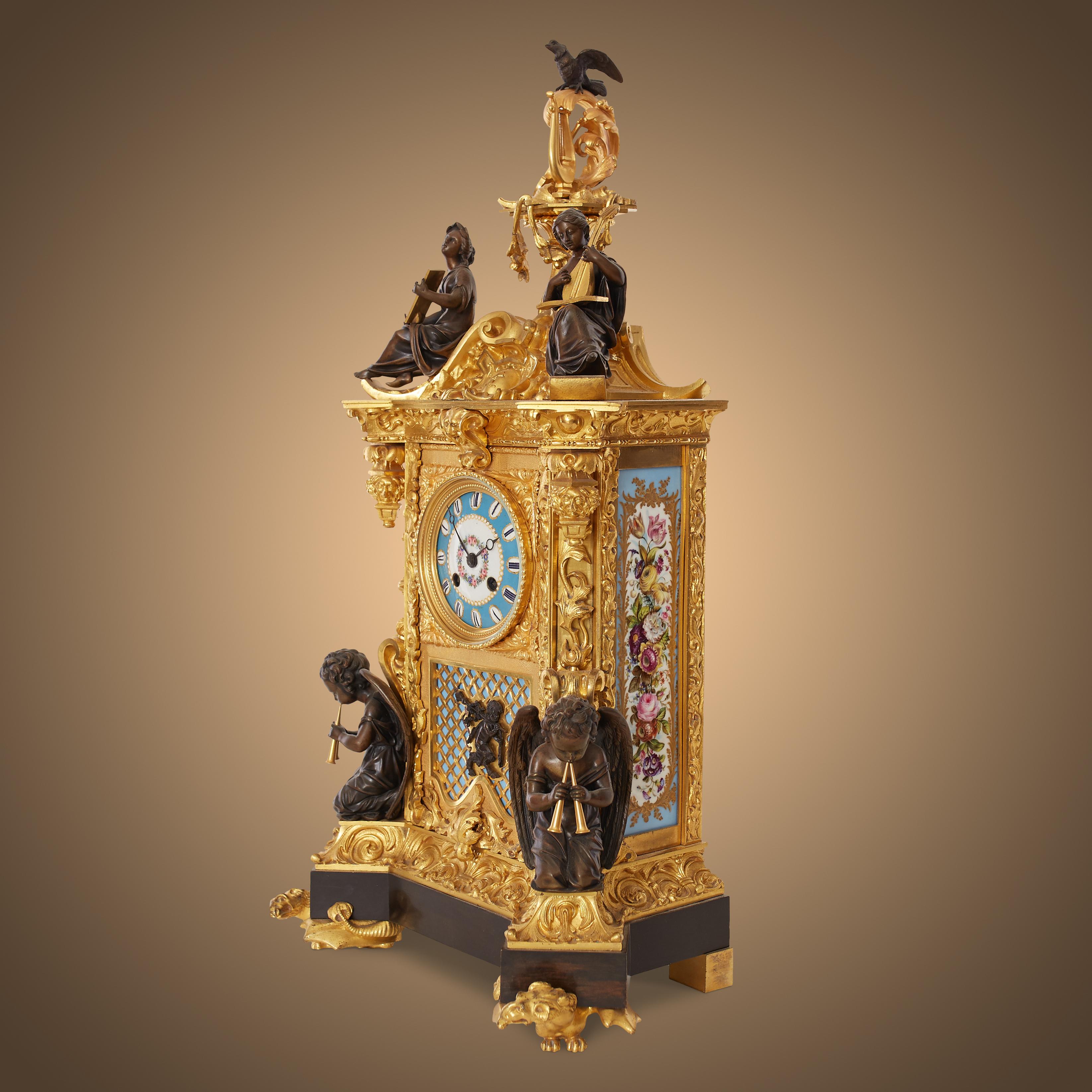Antique Gilt Bronze and Champlevé Enamel Clock Set In Good Condition In Warsaw, PL