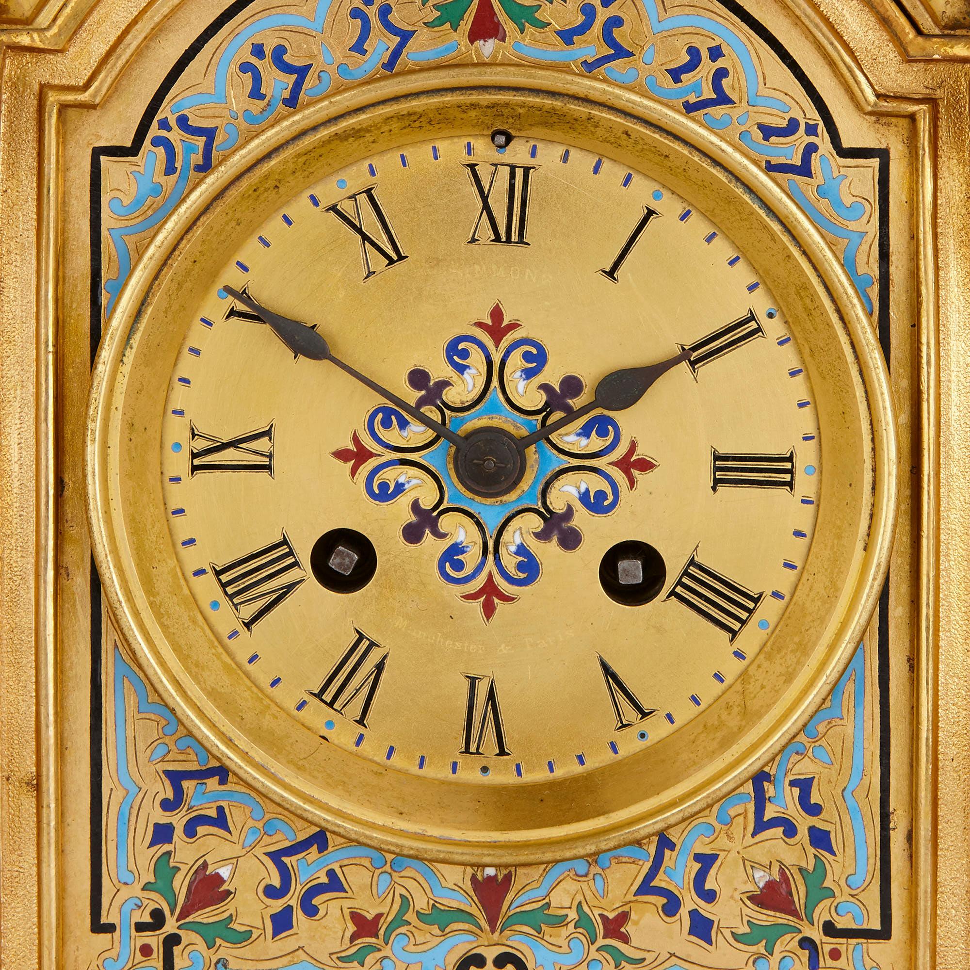 Renaissance Revival Antique Gilt Bronze and Champlevé Enamel Clock Set For Sale