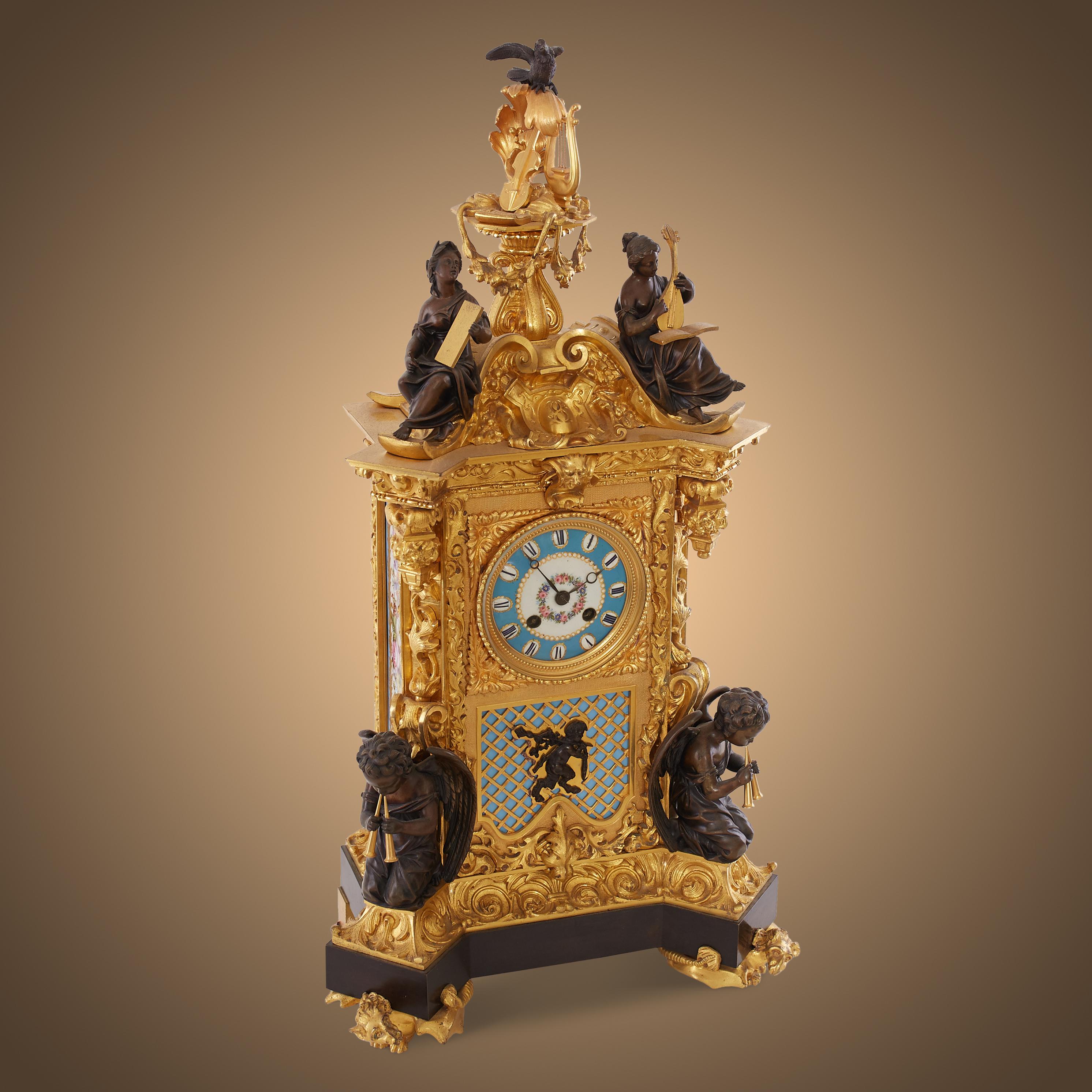 Louis XVI Antique Gilt Bronze and Champlevé Enamel Clock Set