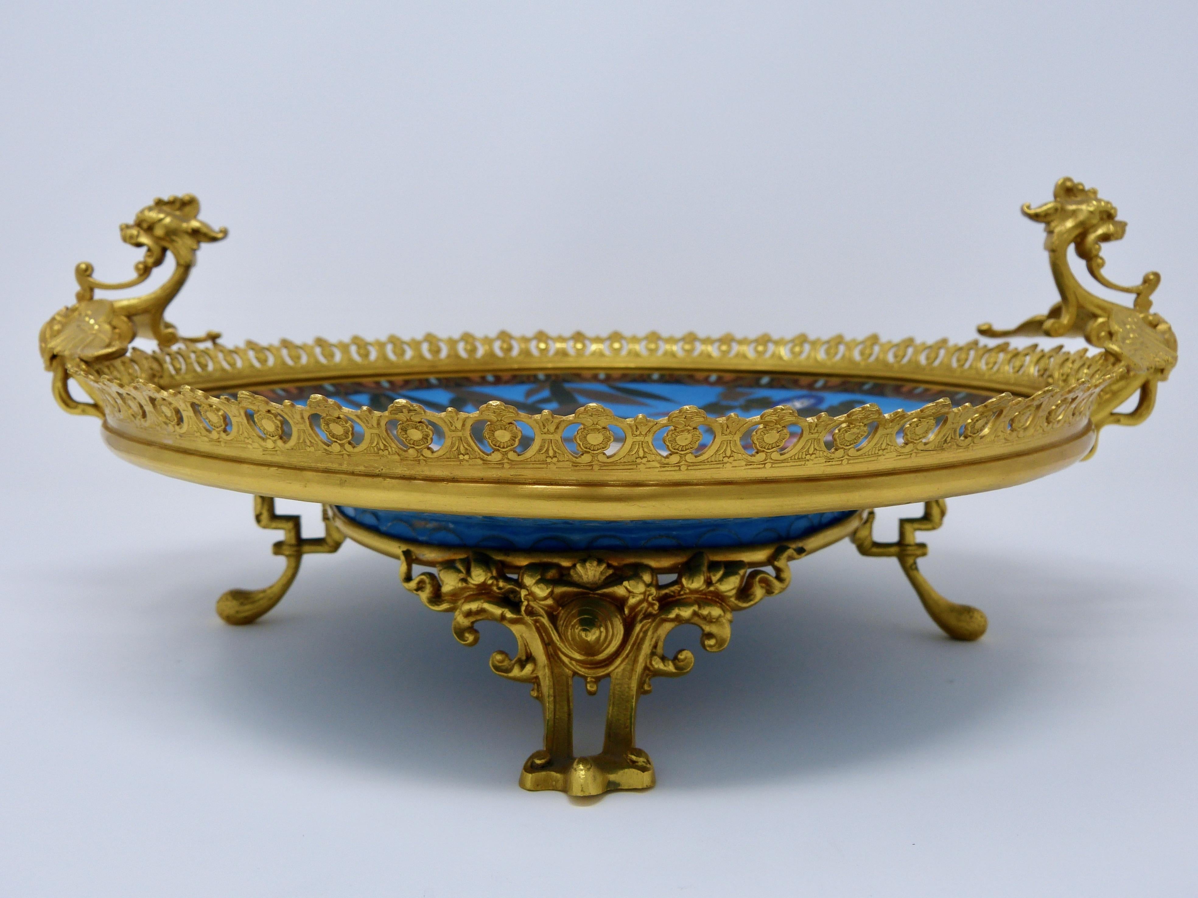 French Antique Gilt Bronze and Cloisonné Plate, Japonisme, France, 19th Century For Sale