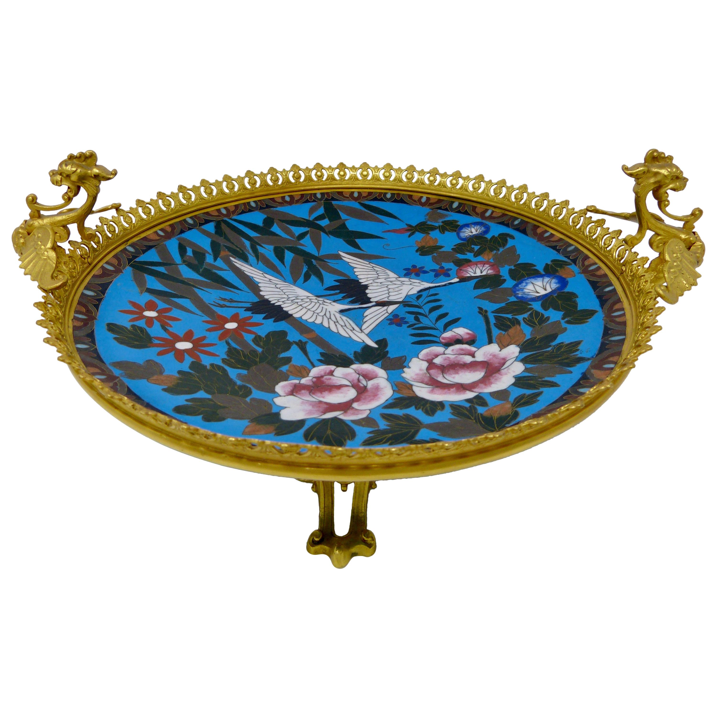 Antique Gilt Bronze and Cloisonné Plate, Japonisme, France, 19th Century For Sale