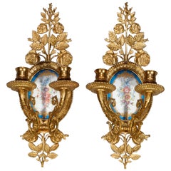 Antique Gilt Bronze and Hand Painted Sevres School Porcelain Wall Sconces