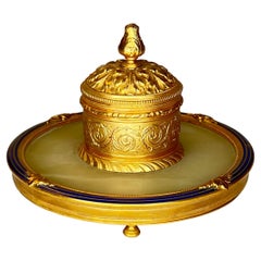 Antique Gilt Bronze and Onyx Stone Inkwell