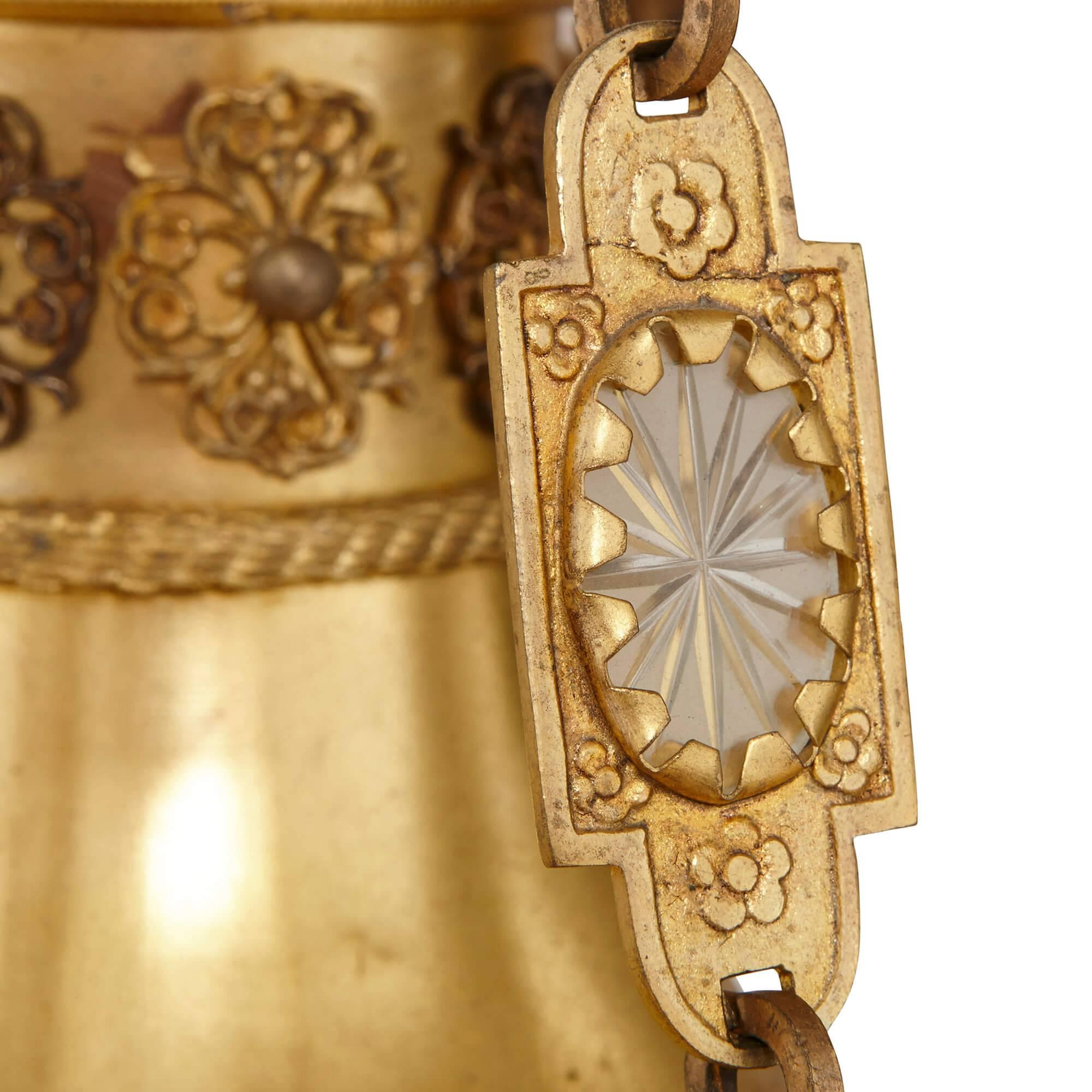 Empire Antique Gilt Bronze and Opaline Glass Chandelier For Sale