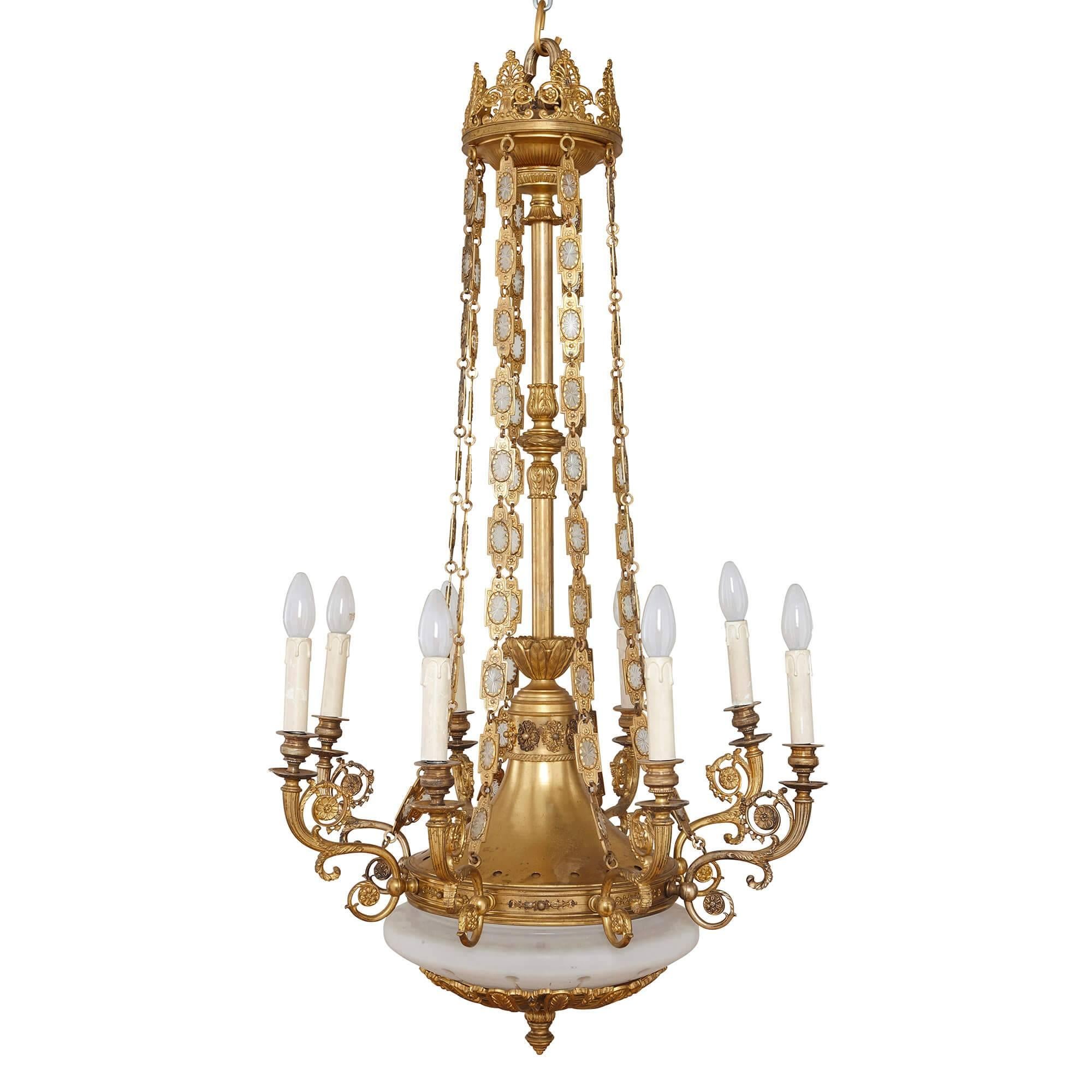 Antique Gilt Bronze and Opaline Glass Chandelier For Sale