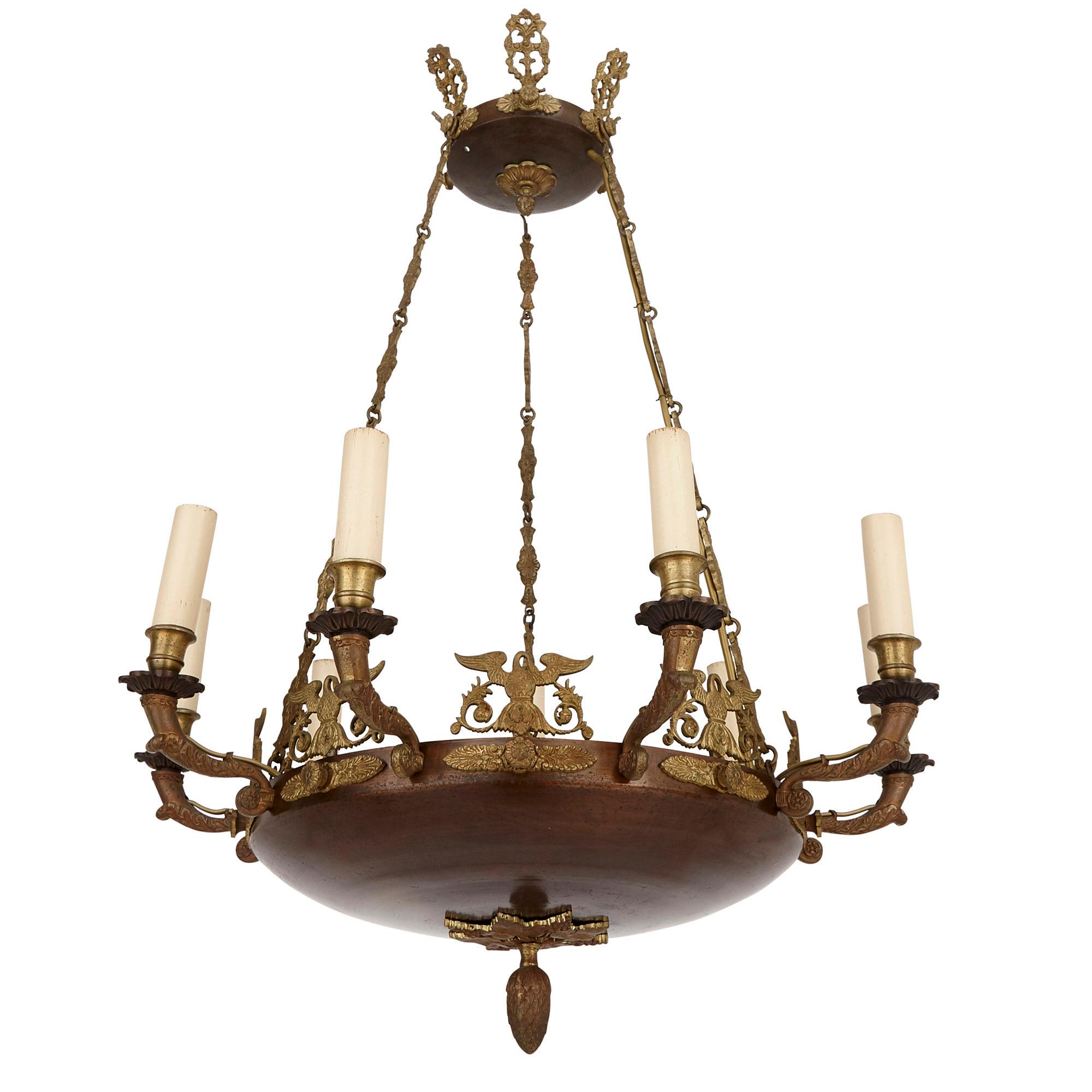 Antico lampadario francese del XIX secolo in bronzo dorato e metallo patinato In condizioni buone in vendita a London, GB