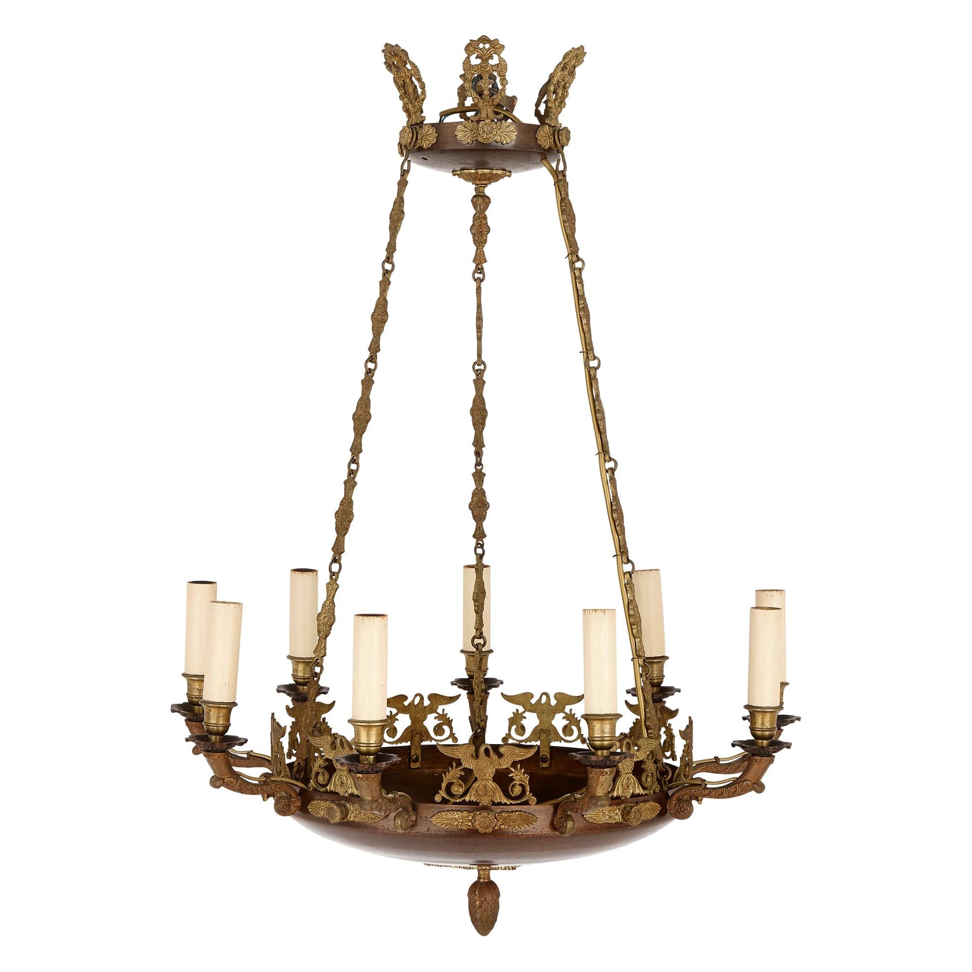 Antique Gilt Bronze and Patinated Metal 19th Century French Chandelier For Sale