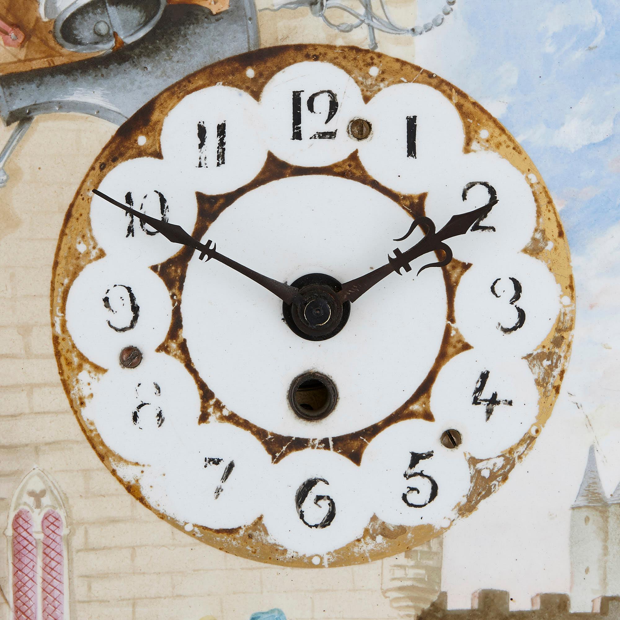 Reloj de chimenea antiguo de bronce dorado y porcelana con escenas caballerescas Gótico en venta
