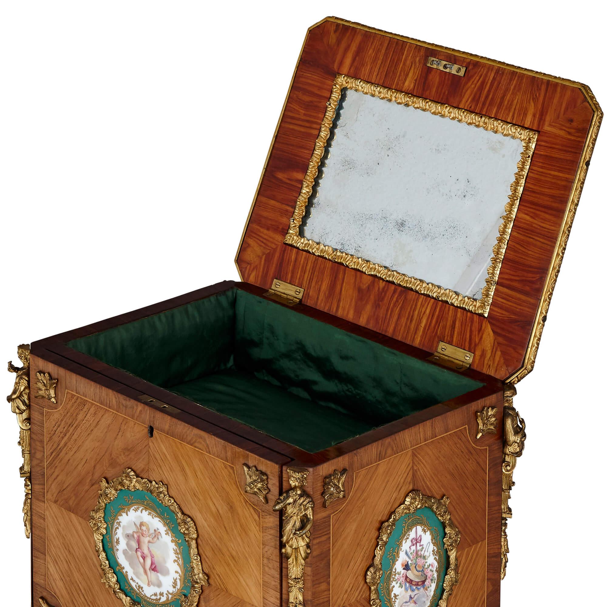 Louis XV Antique Gilt Bronze and Porcelain Mounted Dressing and Writing Cabinet For Sale