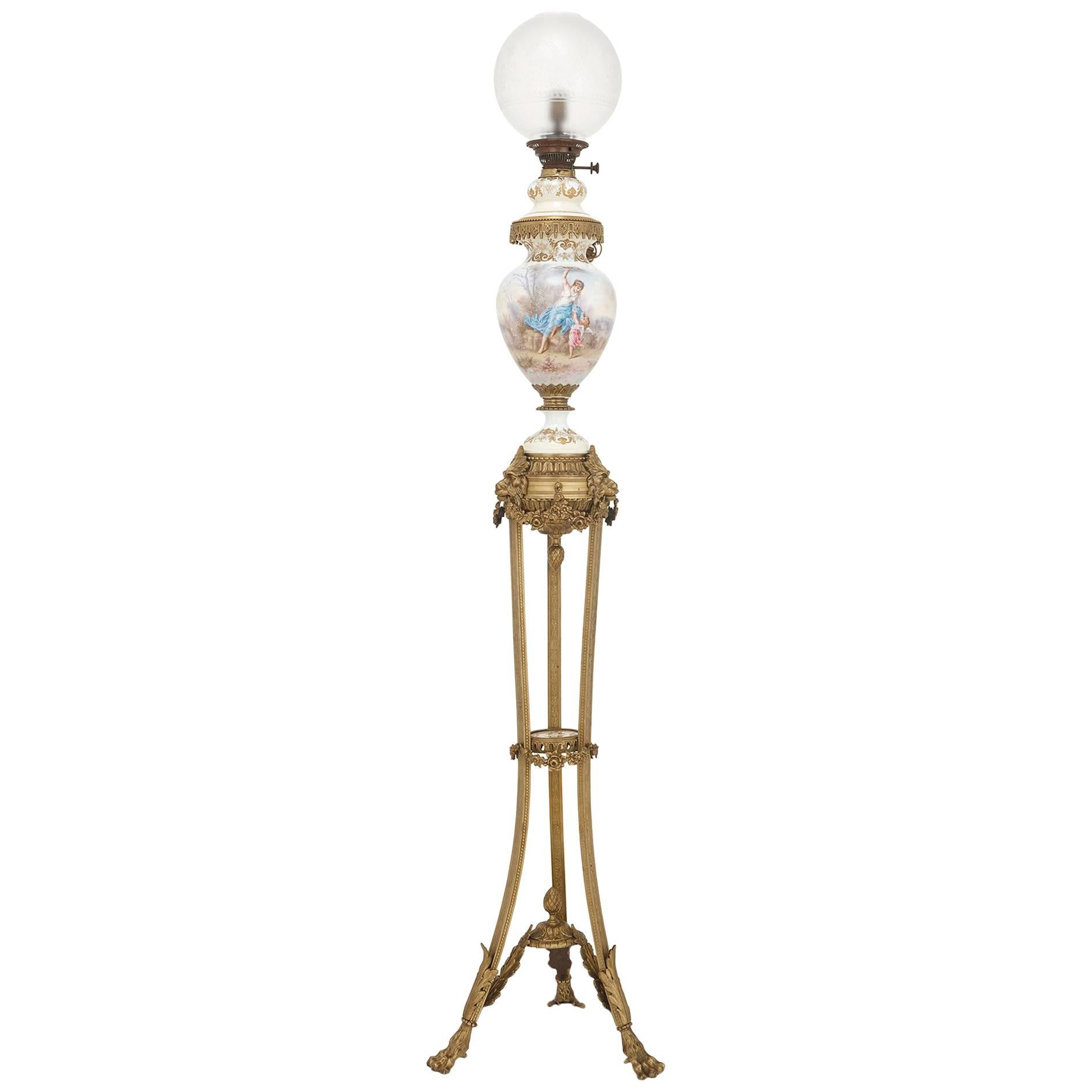 Antique Gilt Bronze and Sevres Style Porcelain Floor Standing Lamp For Sale