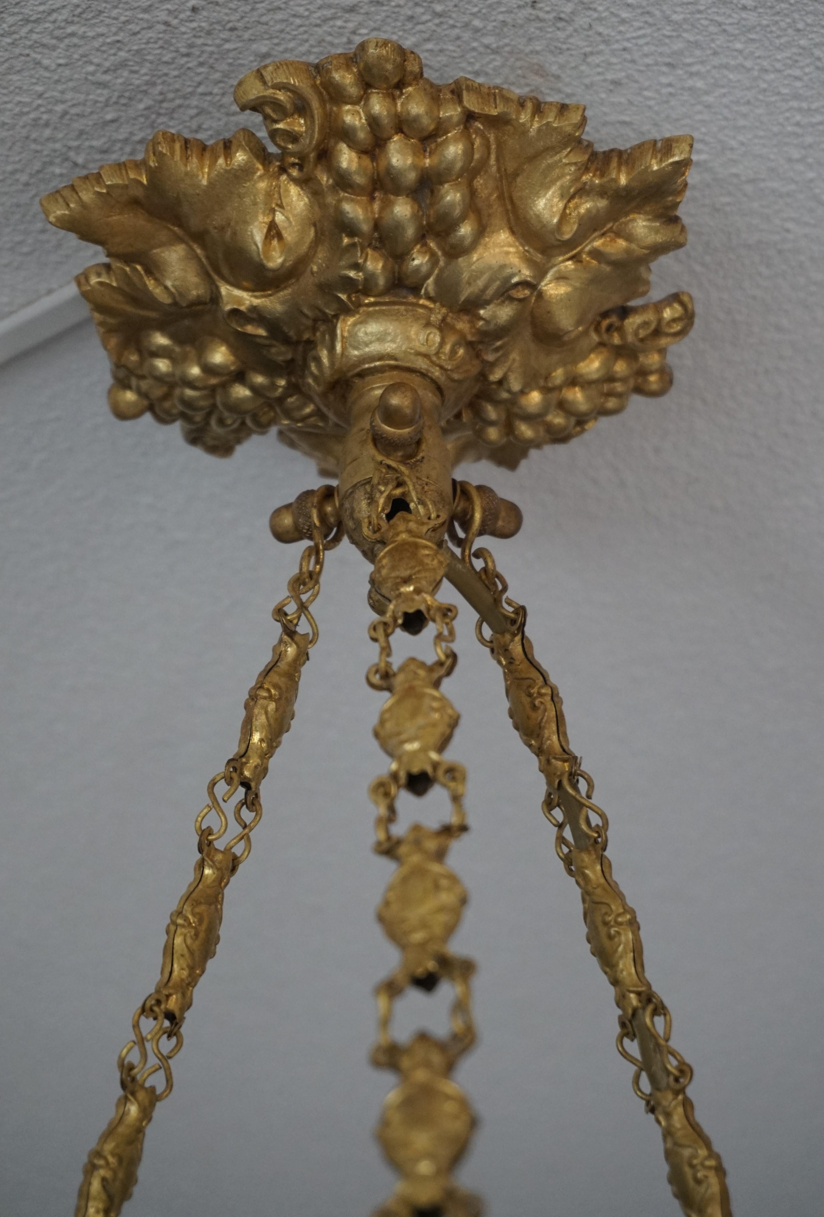 Antique Gilt Bronze & Brass Chandelier with Lion Sculptures and Art Glass Shade For Sale 2