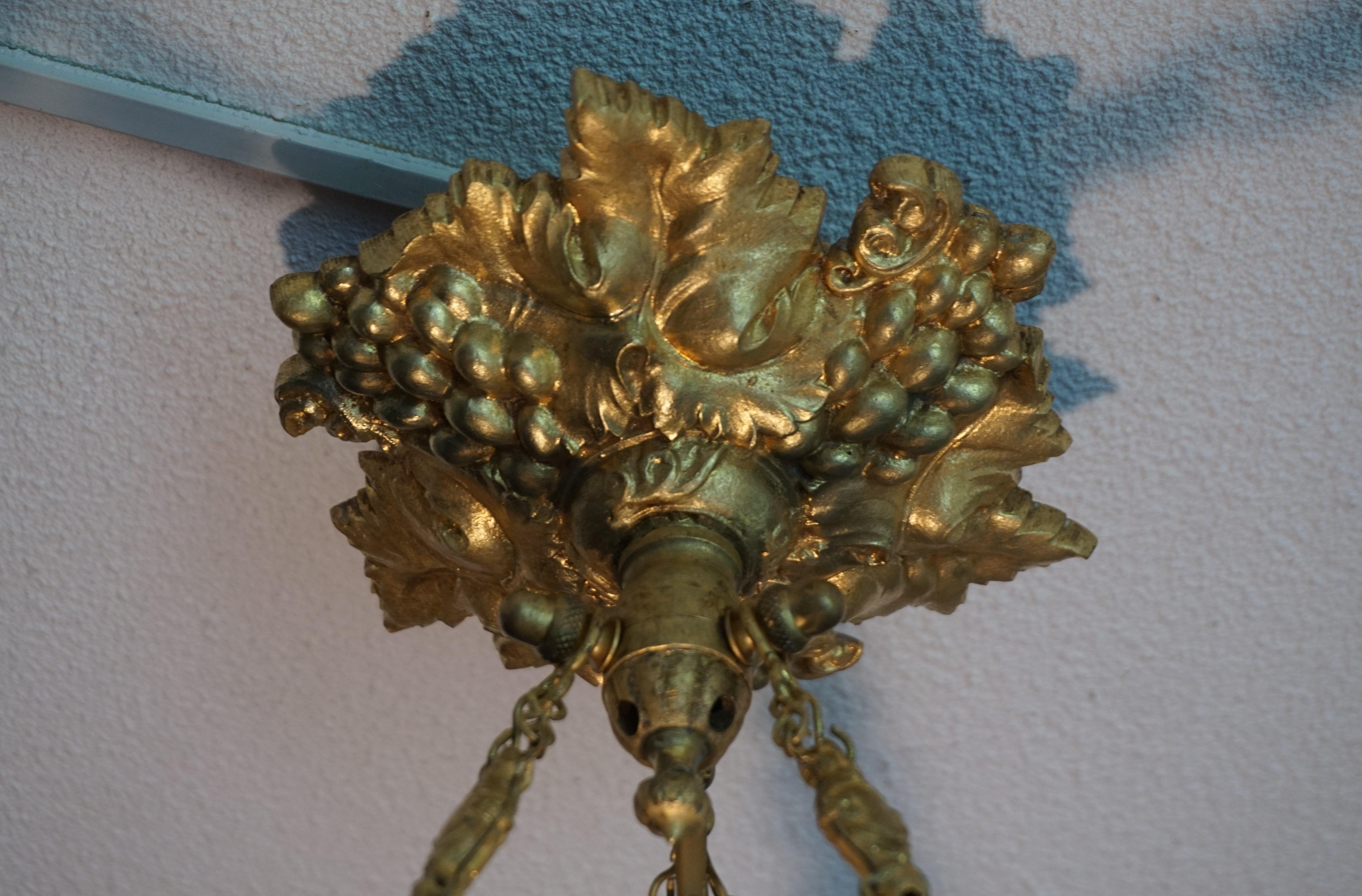 Antique Gilt Bronze & Brass Chandelier with Lion Sculptures and Art Glass Shade For Sale 4