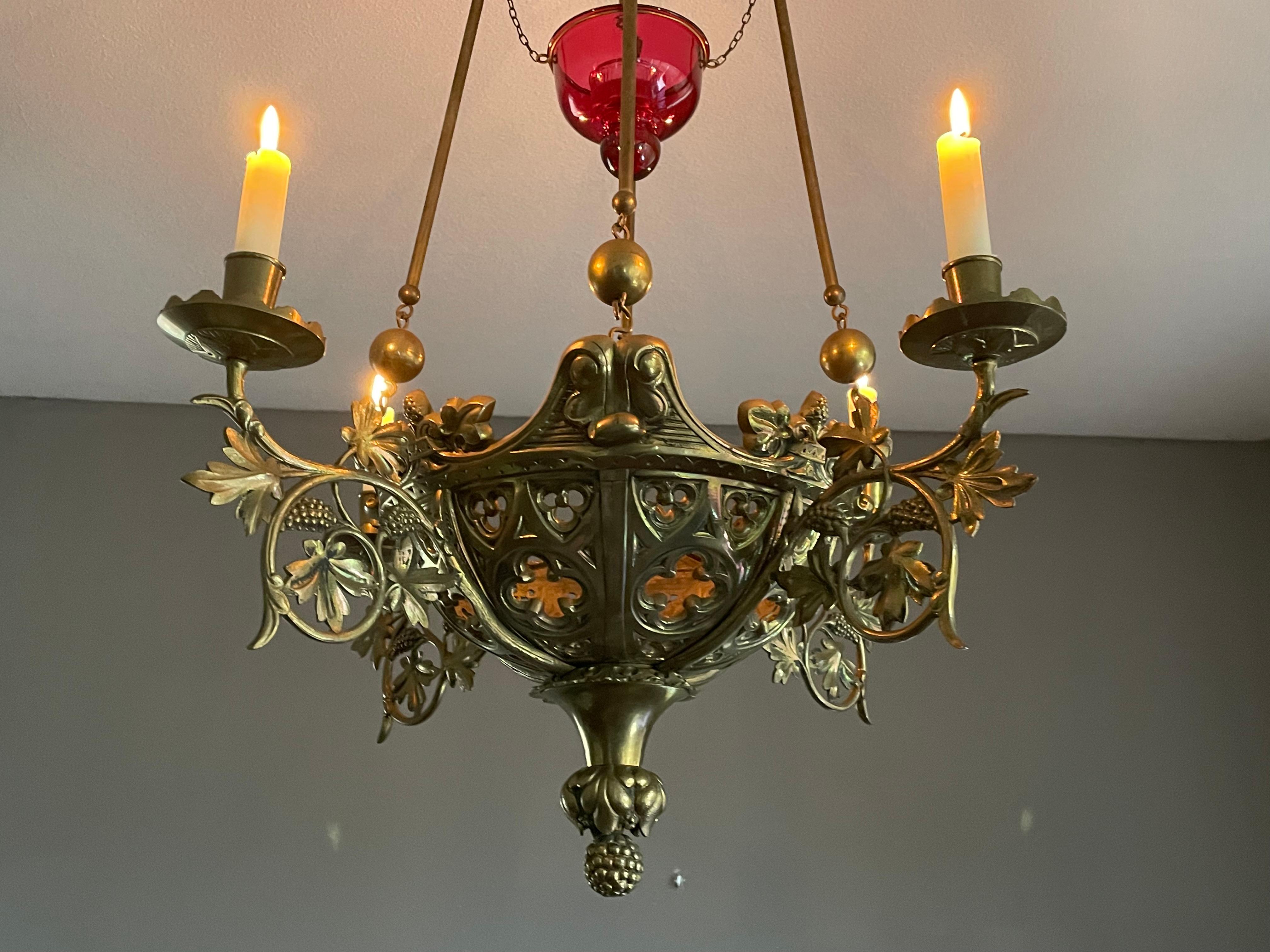 Antique Gilt Bronze & Brass & Glass Gothic Sanctuary Lamp / Church Candle Light 2