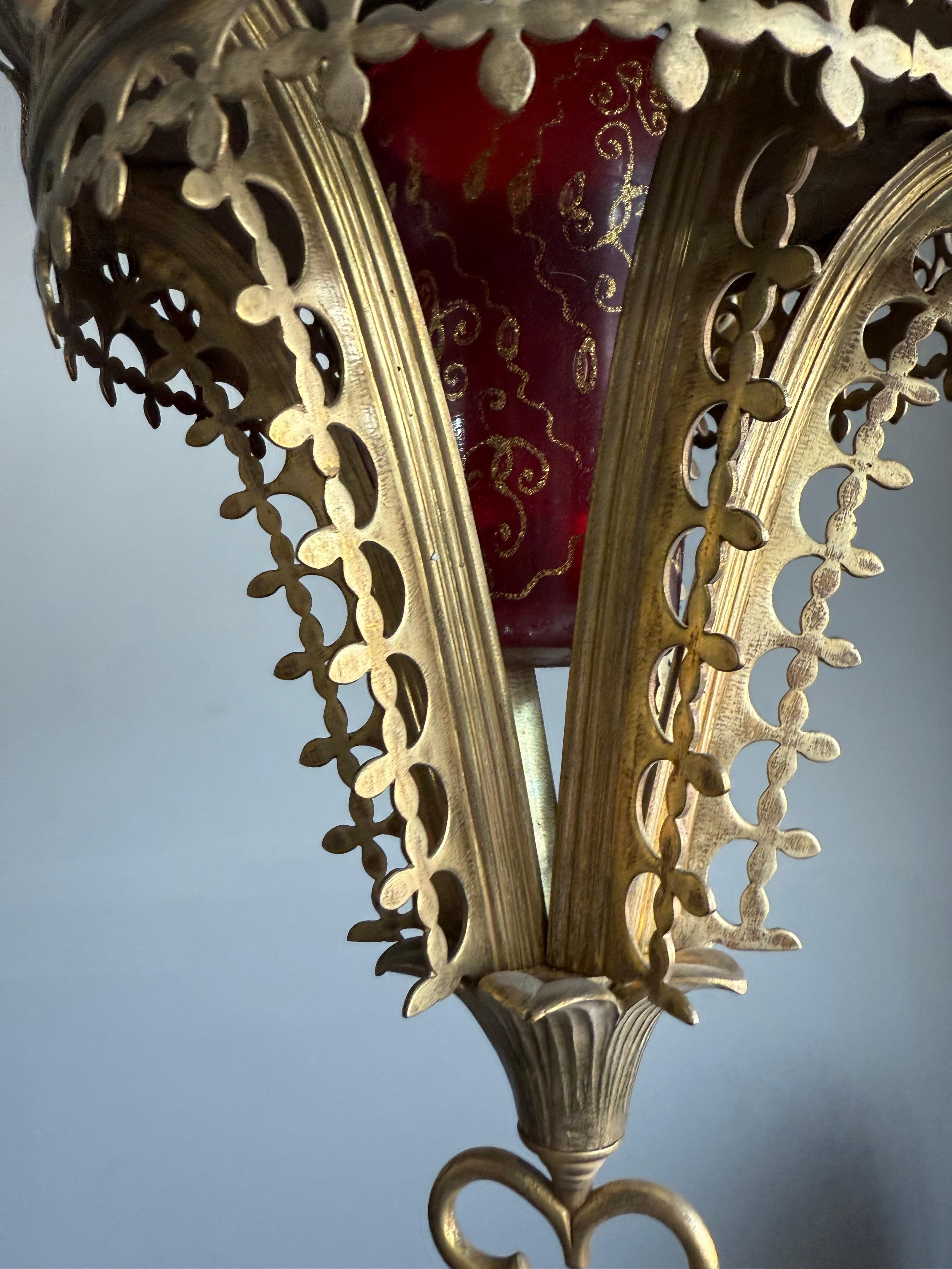 Antique Gilt Bronze & Brass & Glass Gothic Sanctuary Lamp / Church Candle Light For Sale 3