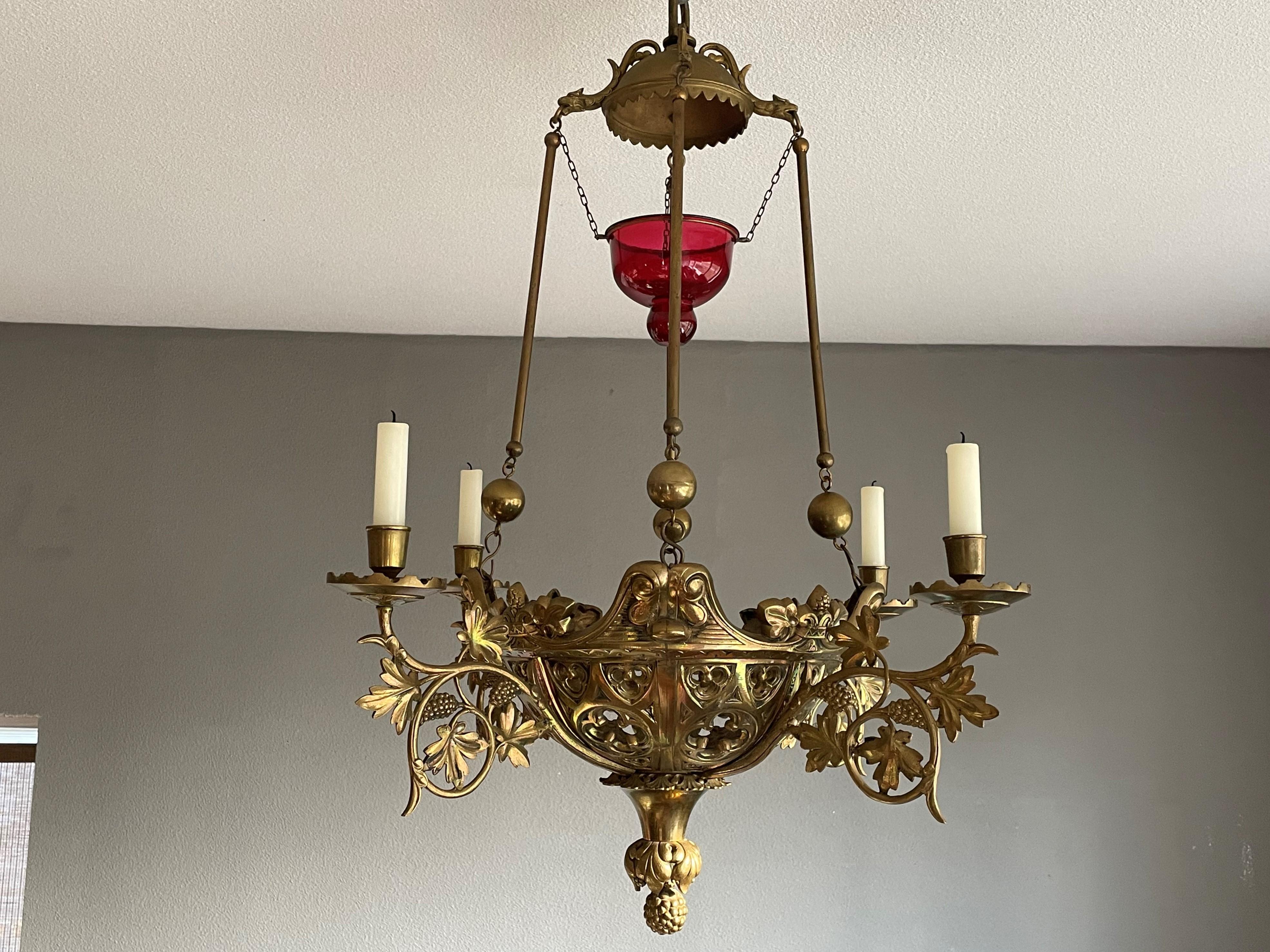Antique Gilt Bronze & Brass & Glass Gothic Sanctuary Lamp / Church Candle Light 3