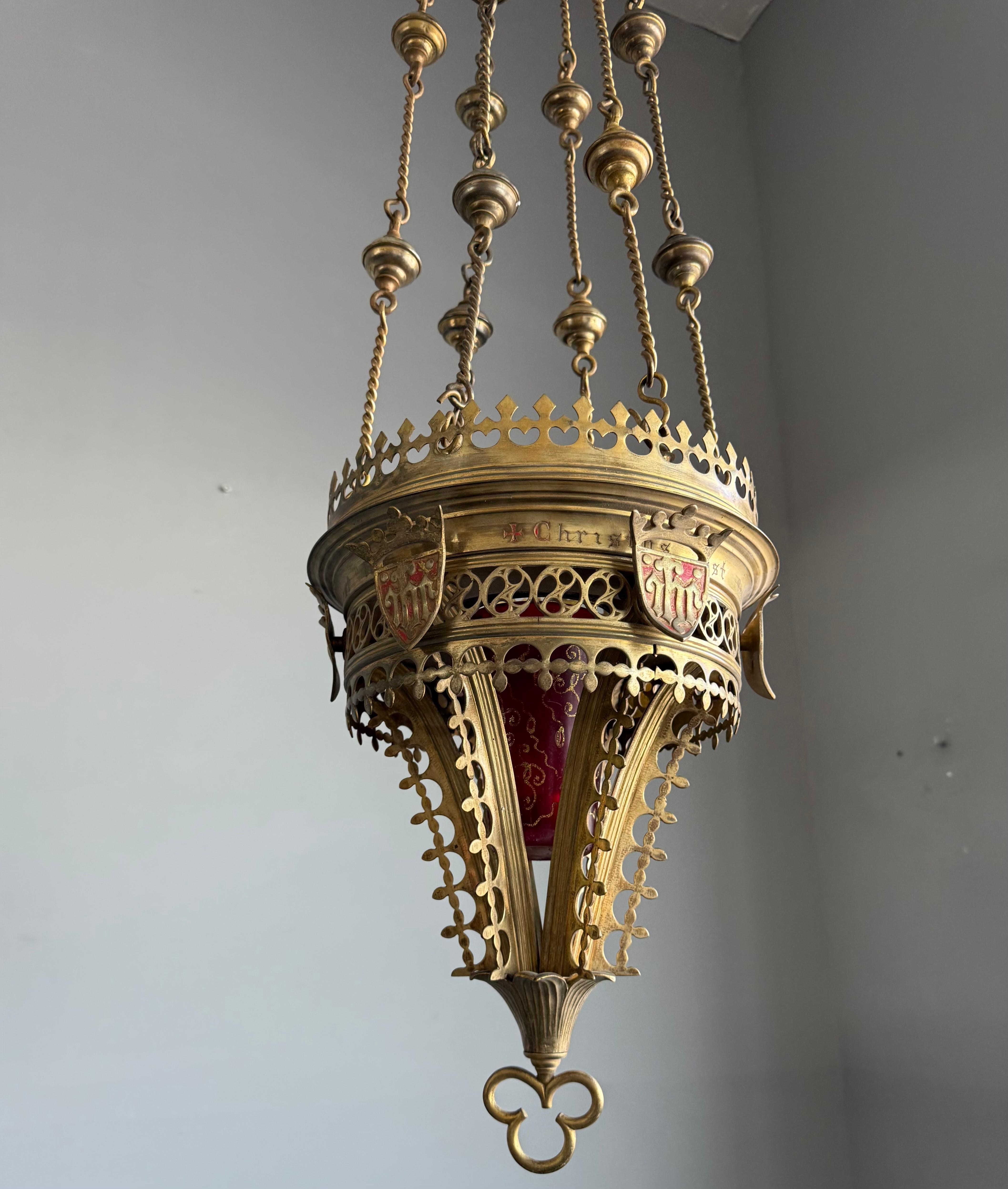 Antique Gilt Bronze & Brass & Glass Gothic Sanctuary Lamp / Church Candle Light For Sale 5