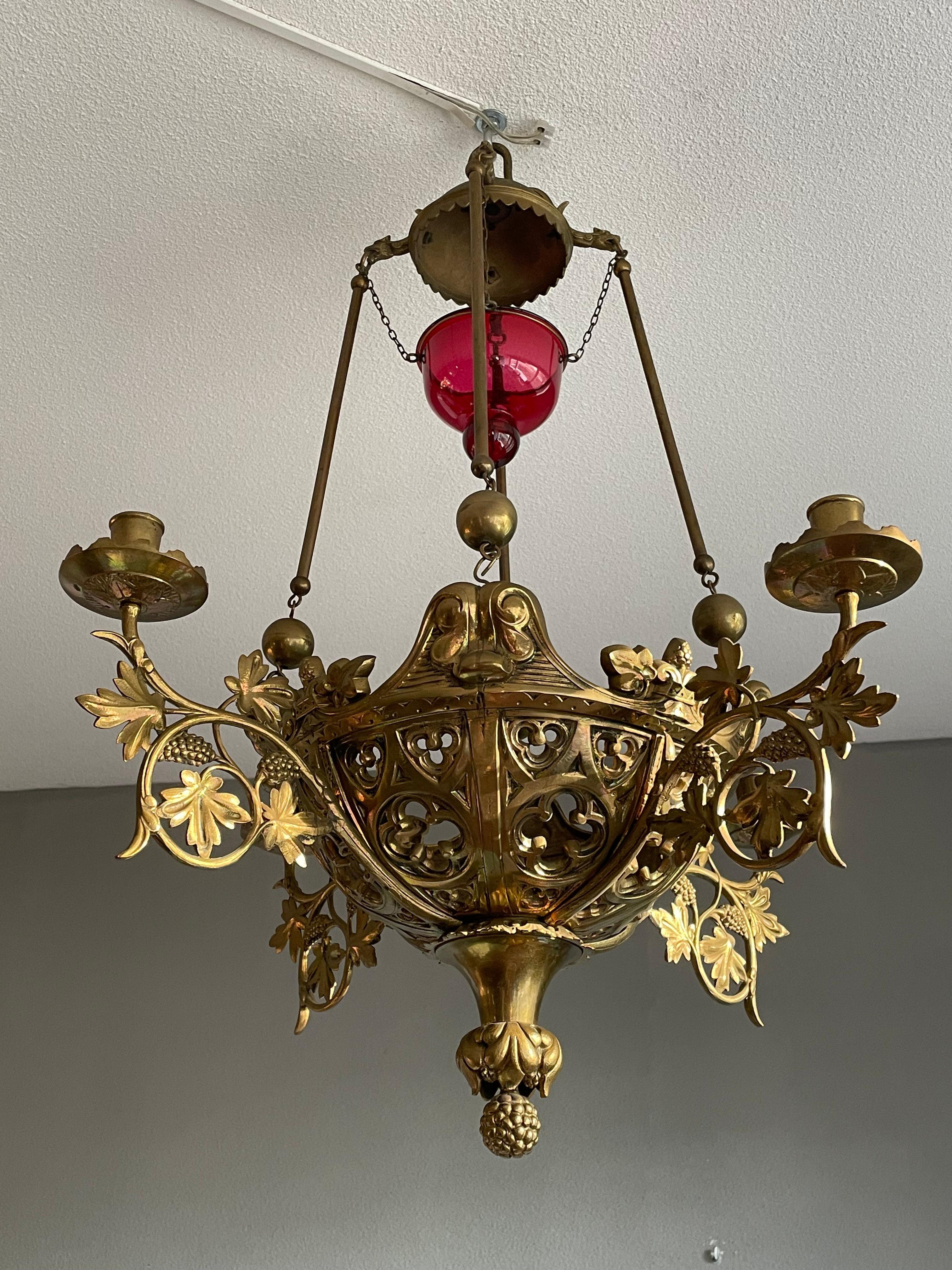 Antique Gilt Bronze & Brass & Glass Gothic Sanctuary Lamp / Church Candle Light 5