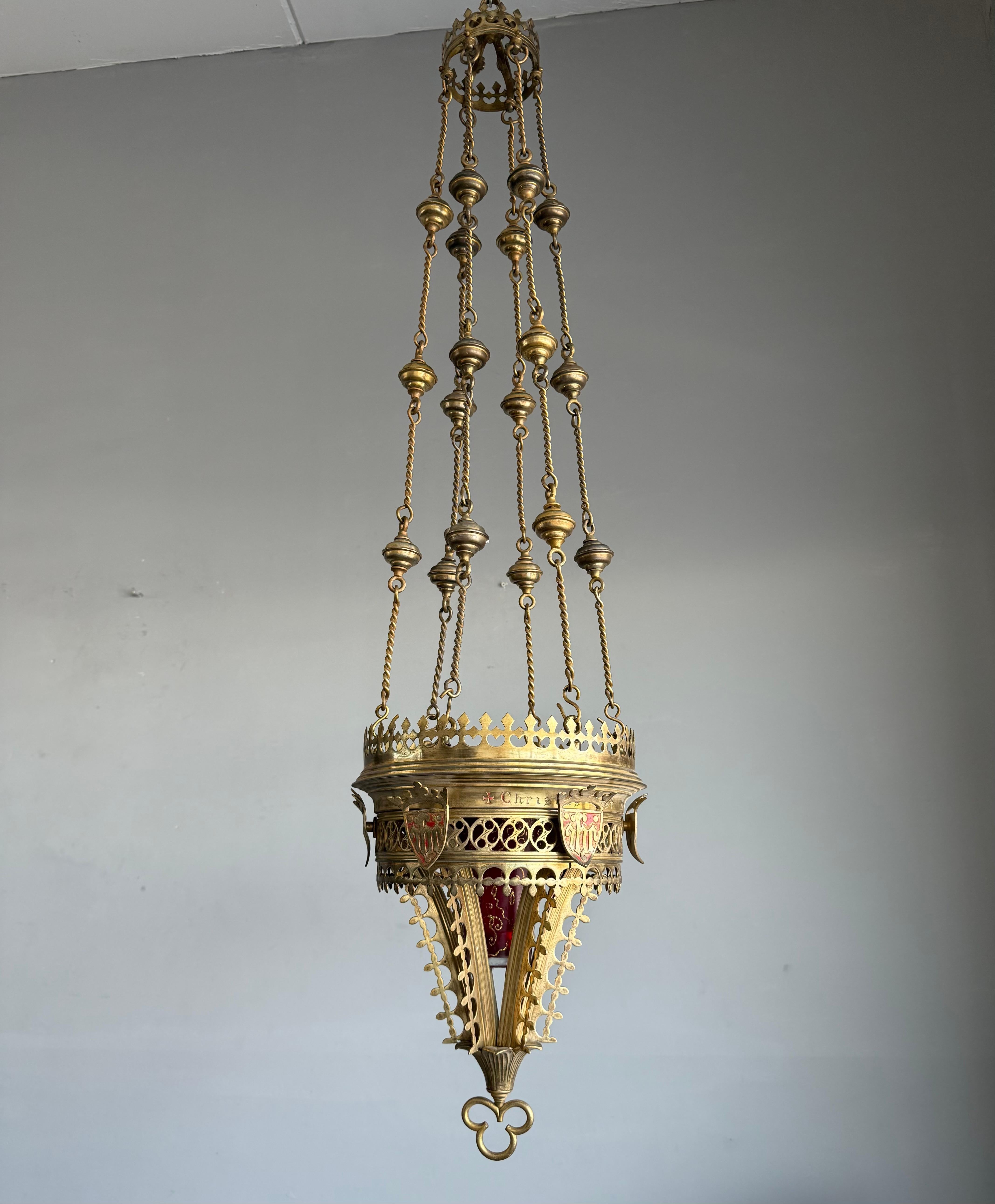 Antique Gilt Bronze & Brass & Glass Gothic Sanctuary Lamp / Church Candle Light For Sale 6