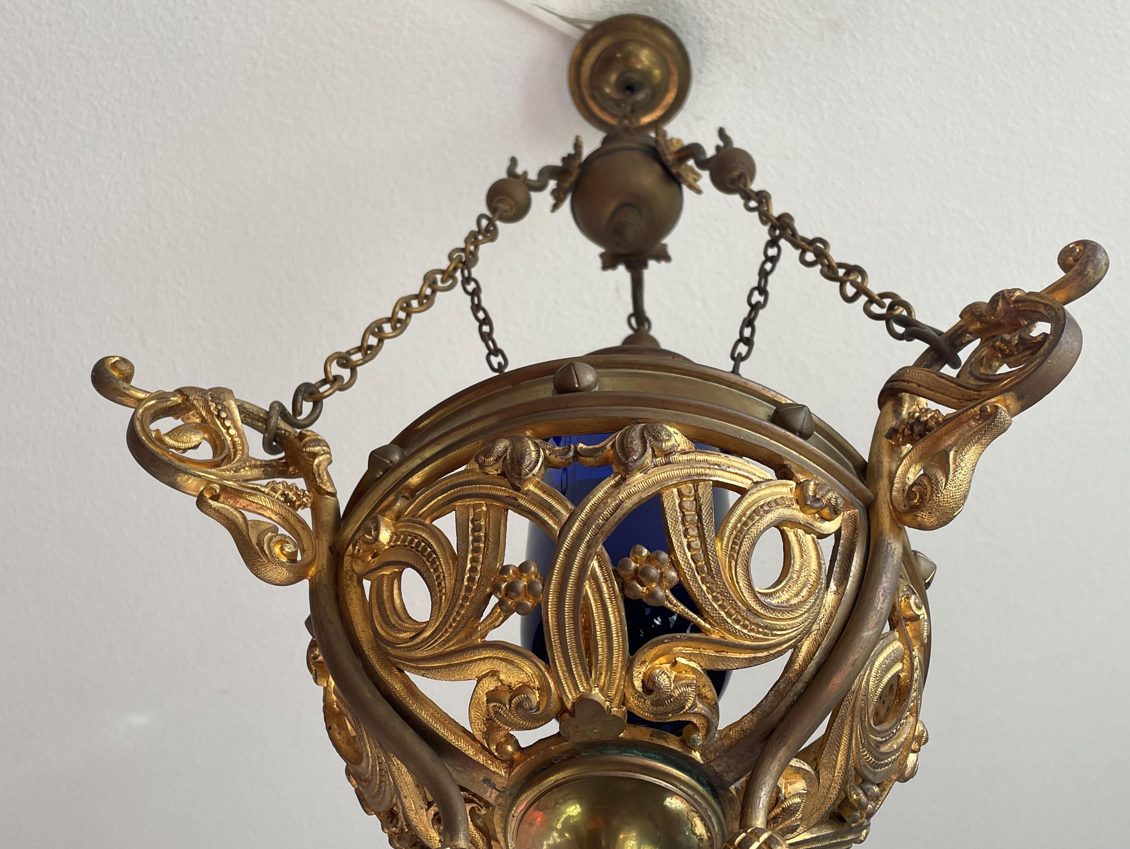 Antique Gilt Bronze & Brass & Glass Gothic Sanctuary Lamp / Church Candle Light 8