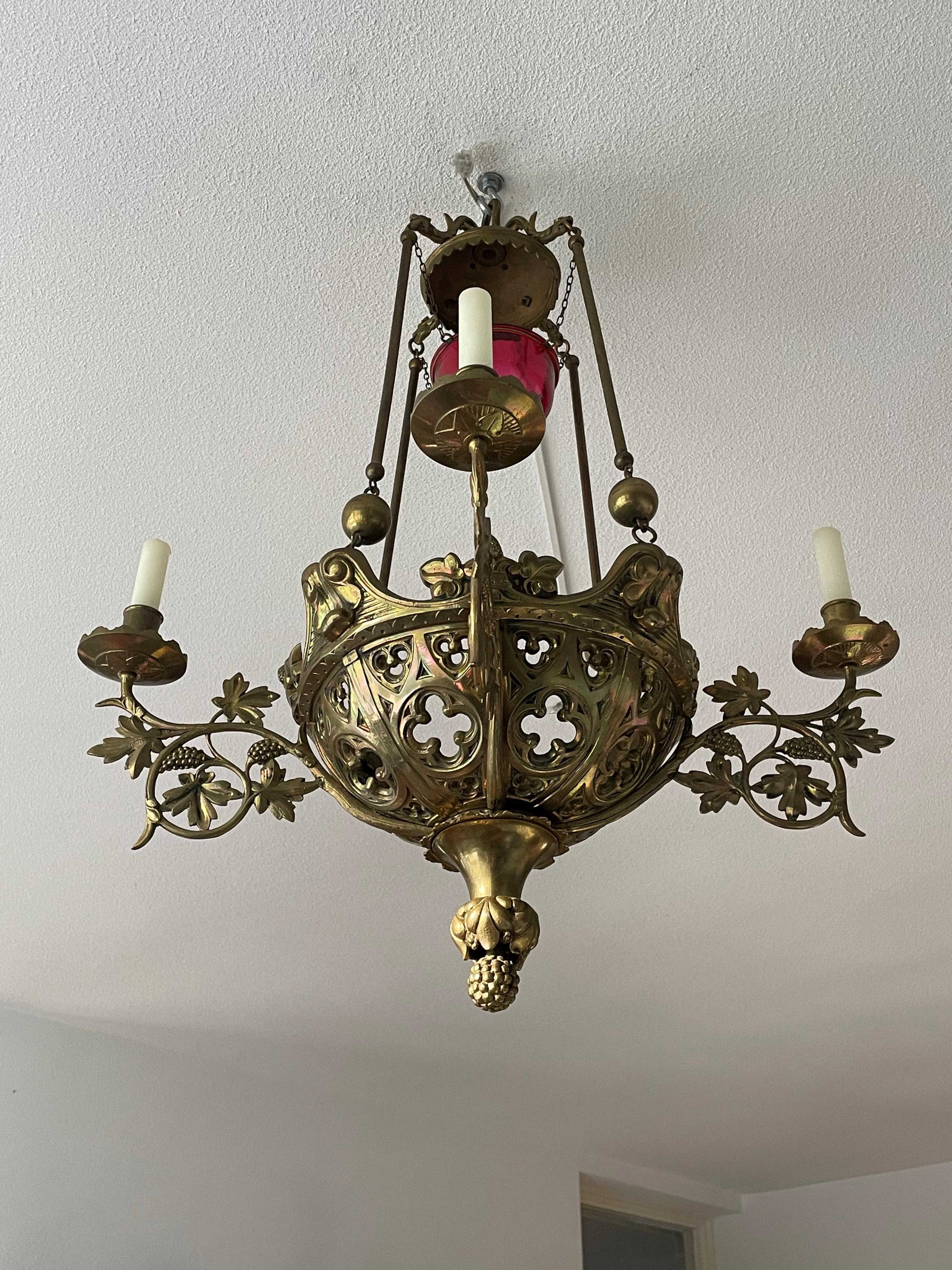 Antique Gilt Bronze & Brass & Glass Gothic Sanctuary Lamp / Church Candle Light 6