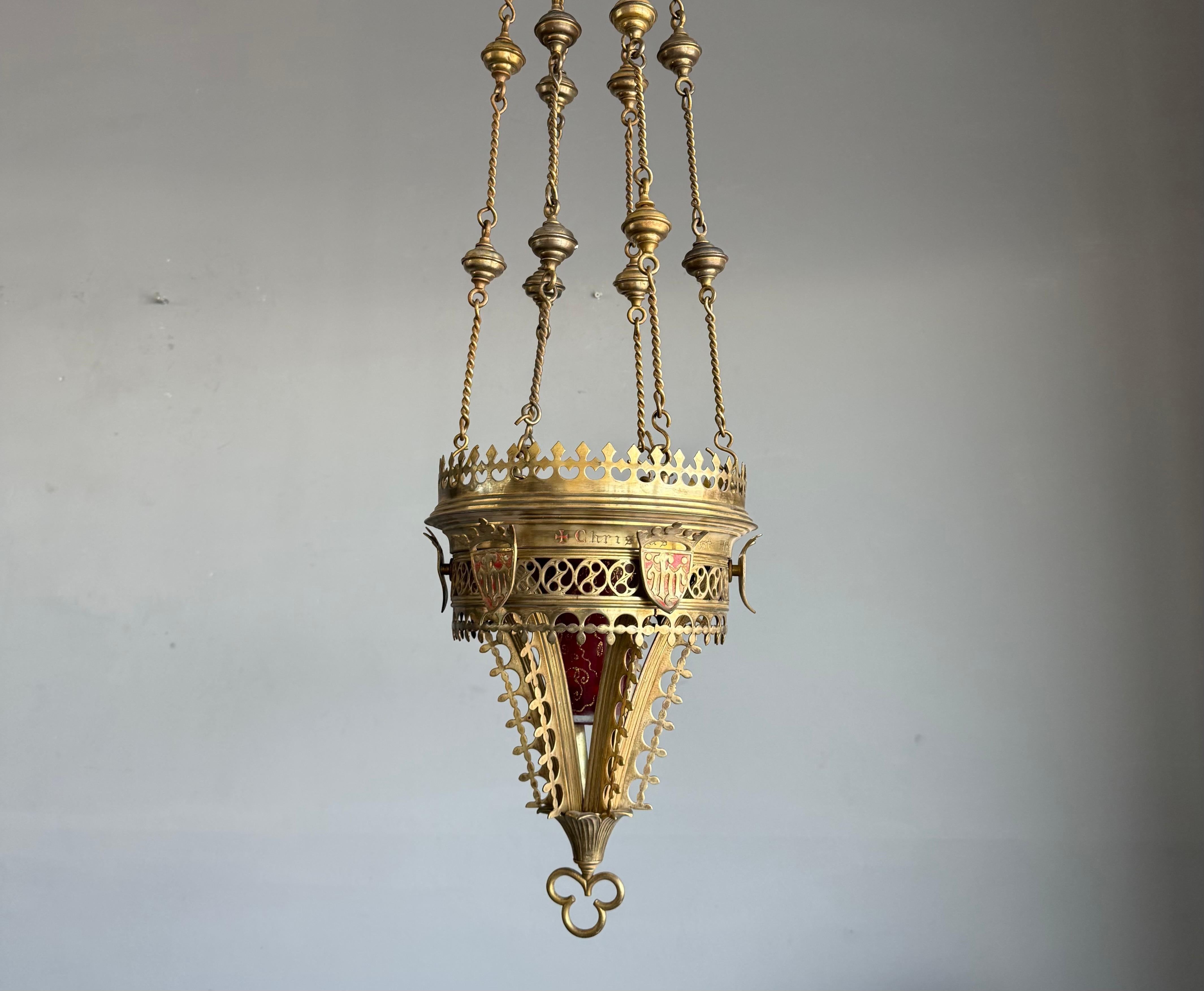 Antique Gilt Bronze & Brass & Glass Gothic Sanctuary Lamp / Church Candle Light For Sale 7