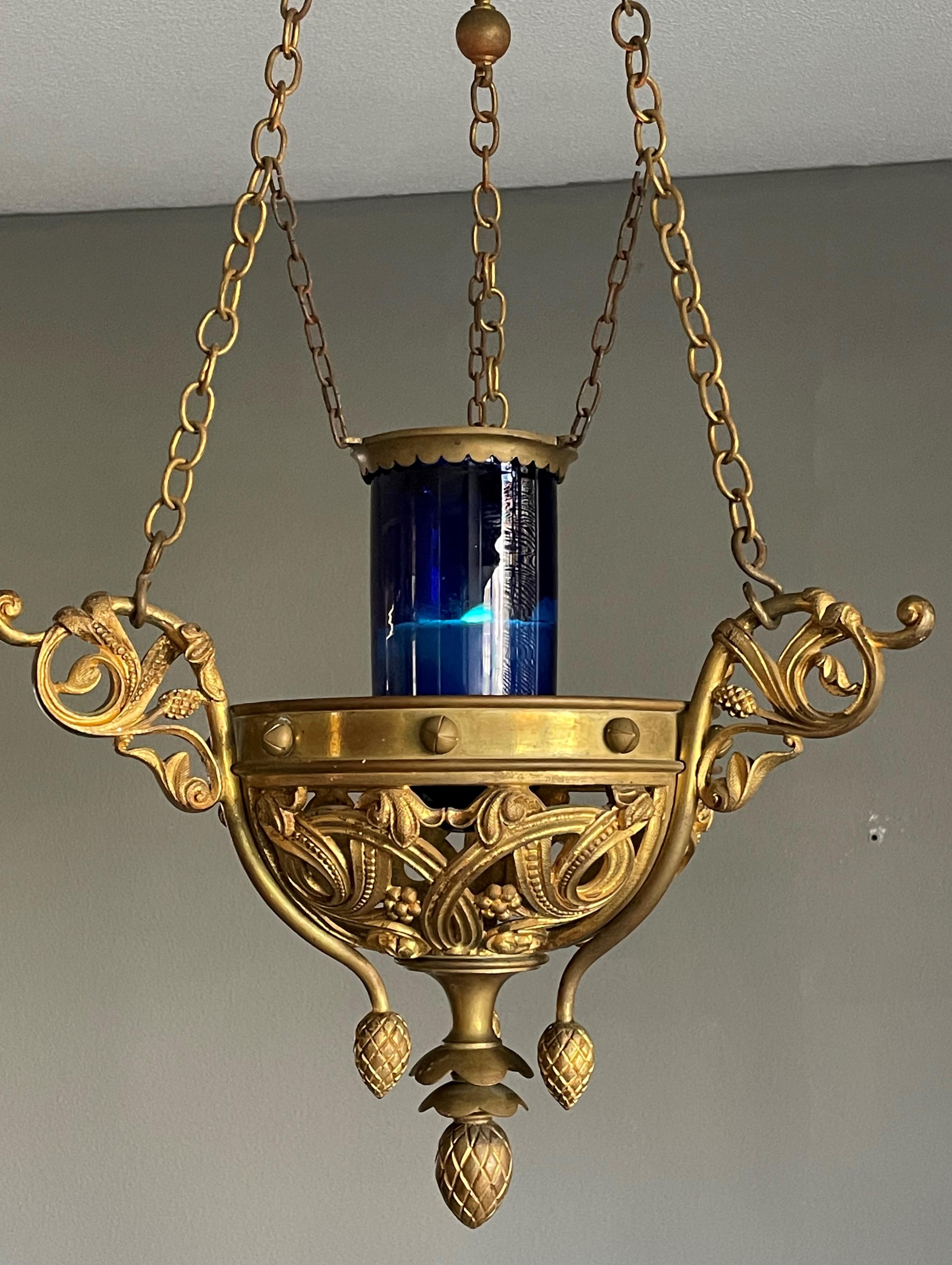 Antique Gilt Bronze & Brass & Glass Gothic Sanctuary Lamp / Church Candle Light 9