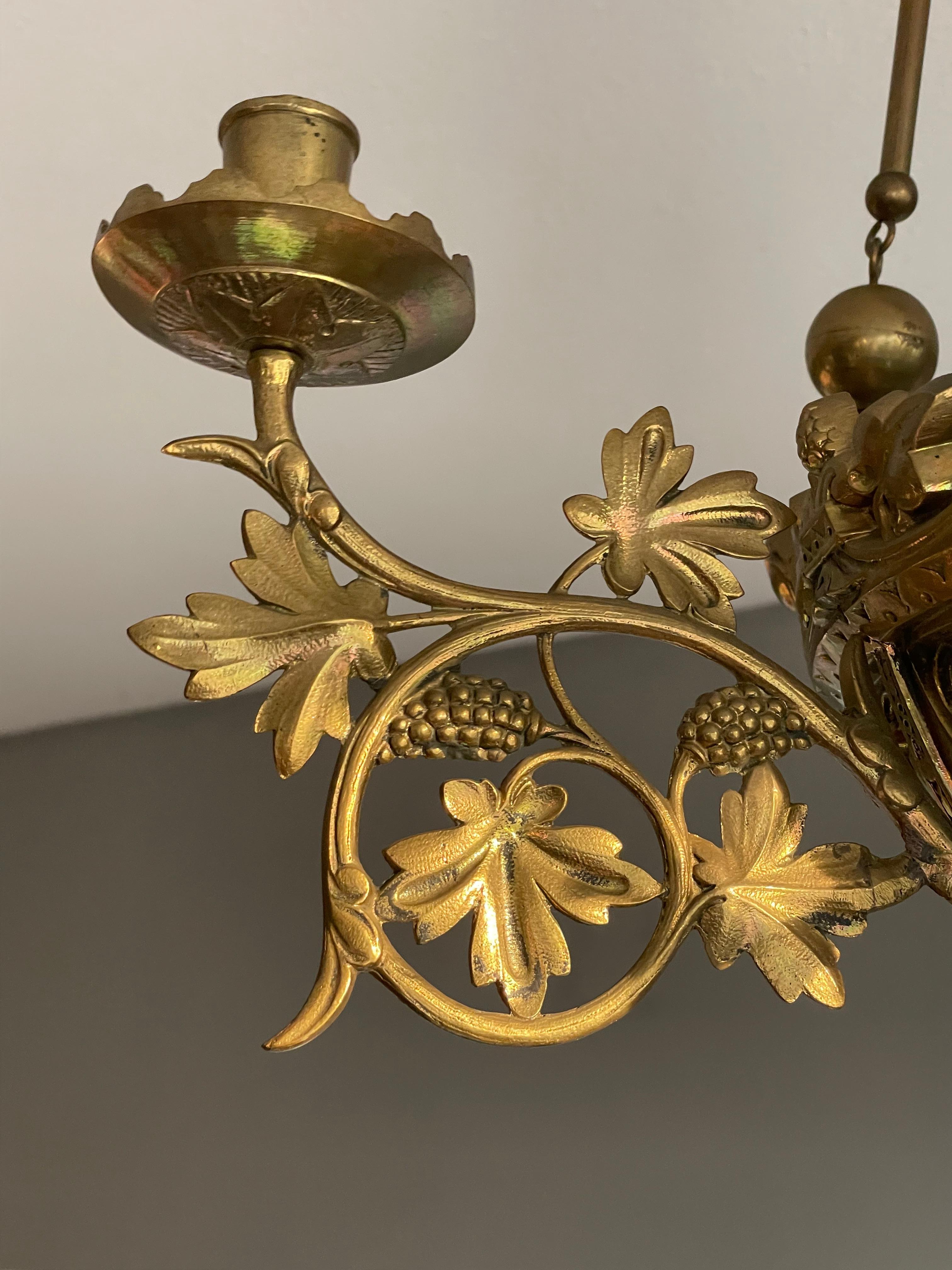 Antique Gilt Bronze & Brass & Glass Gothic Sanctuary Lamp / Church Candle Light 7