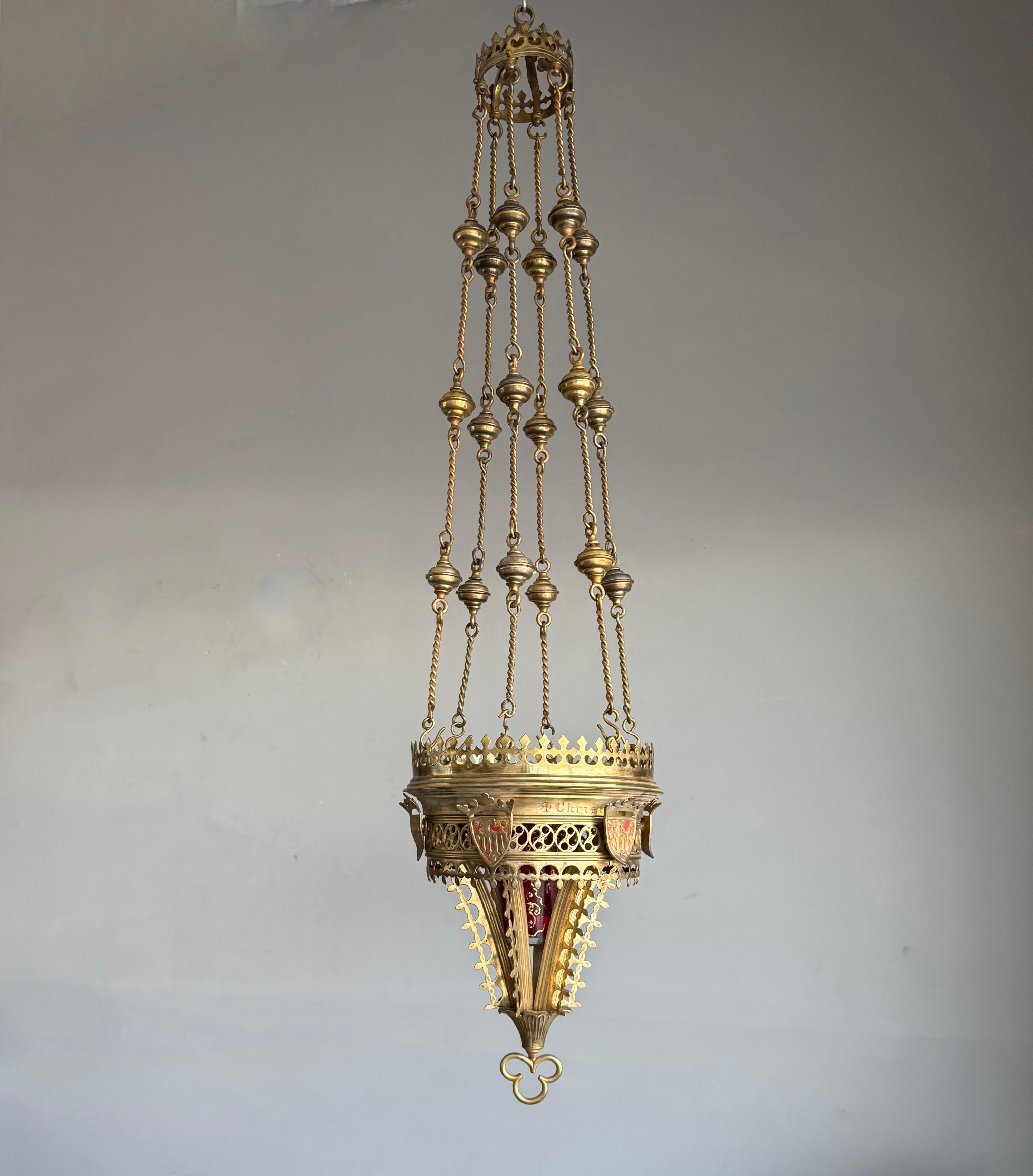 Antique Gilt Bronze & Brass & Glass Gothic Sanctuary Lamp / Church Candle Light For Sale 8