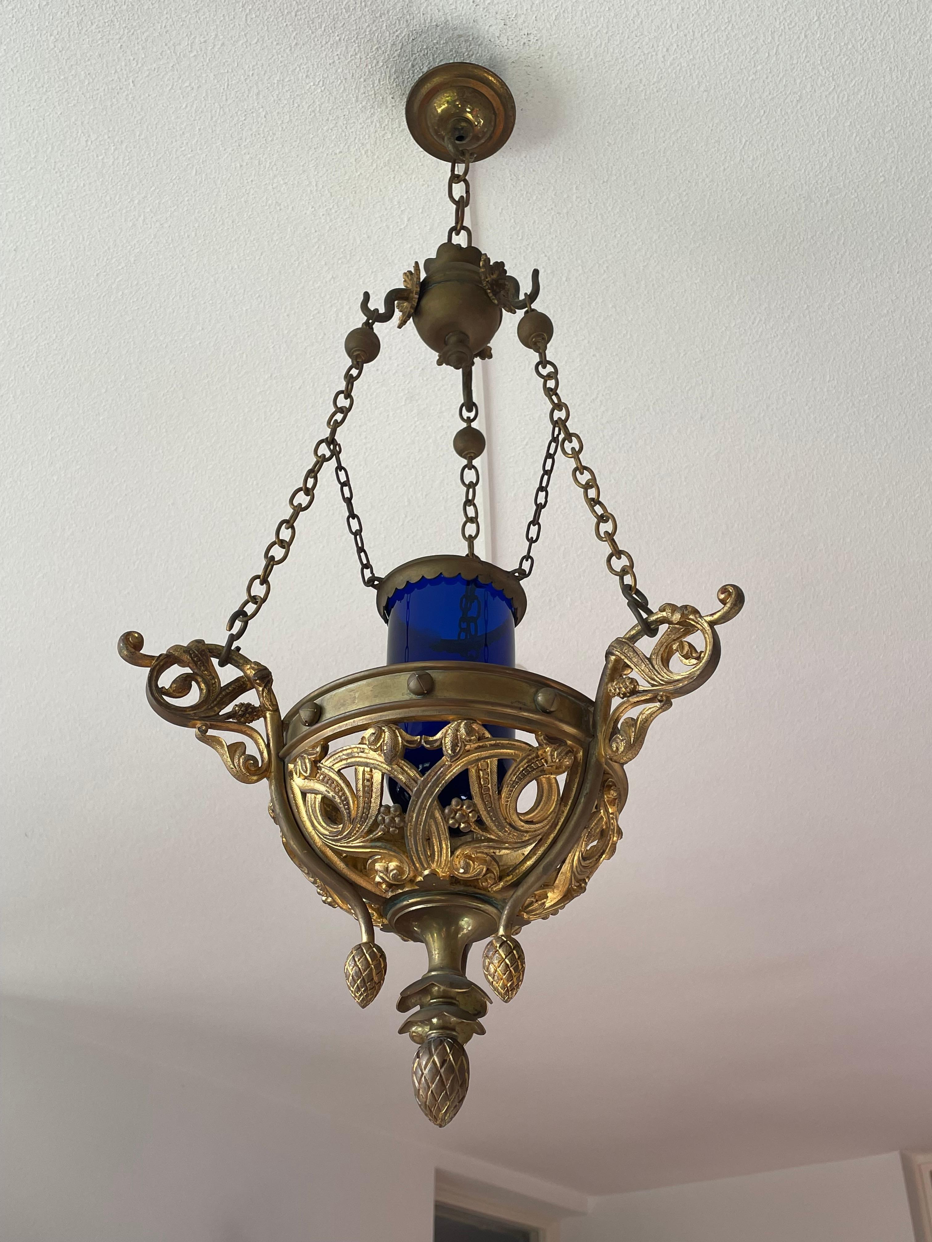 Antique Gilt Bronze & Brass & Glass Gothic Sanctuary Lamp / Church Candle Light 10