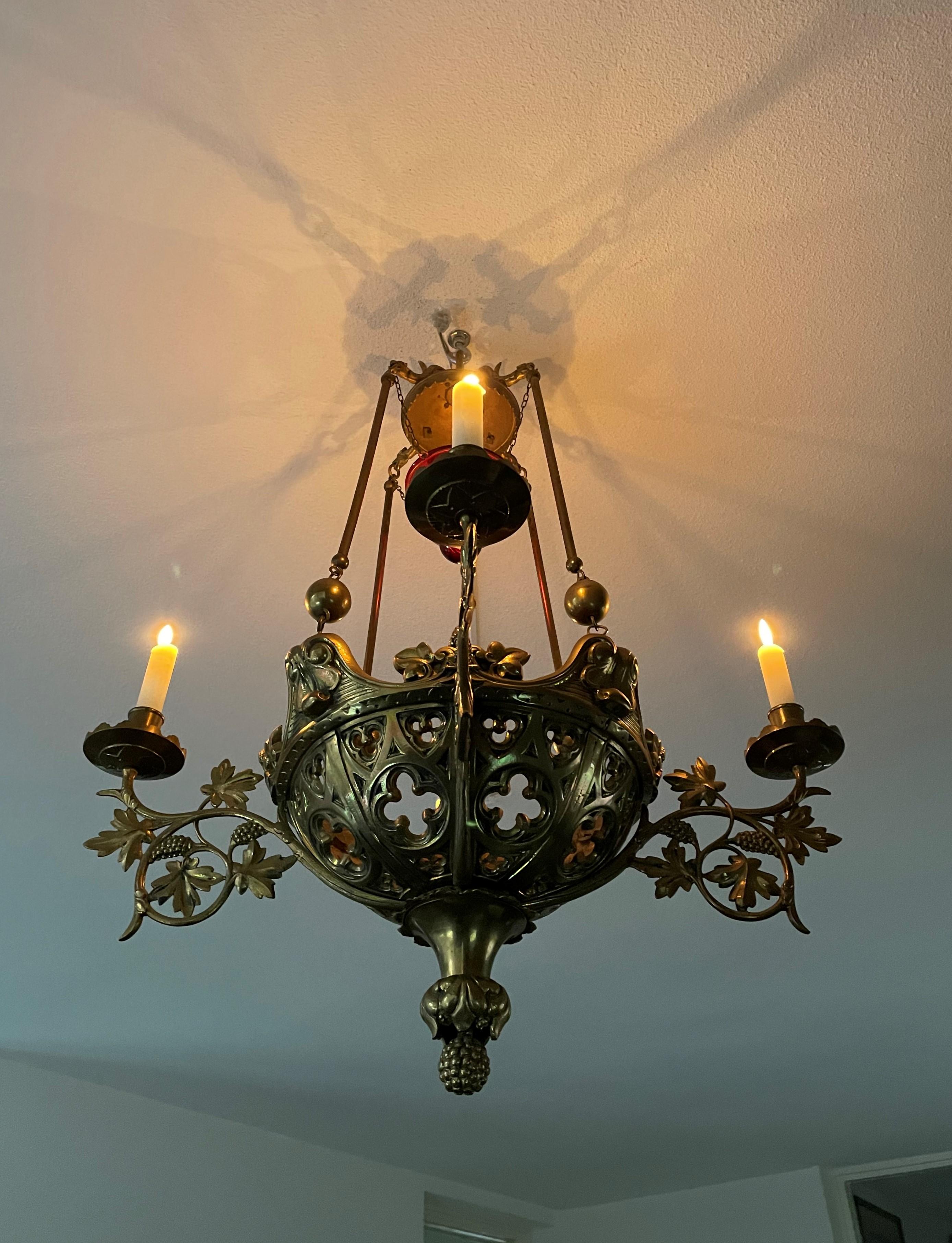 Antique Gilt Bronze & Brass & Glass Gothic Sanctuary Lamp / Church Candle Light 8