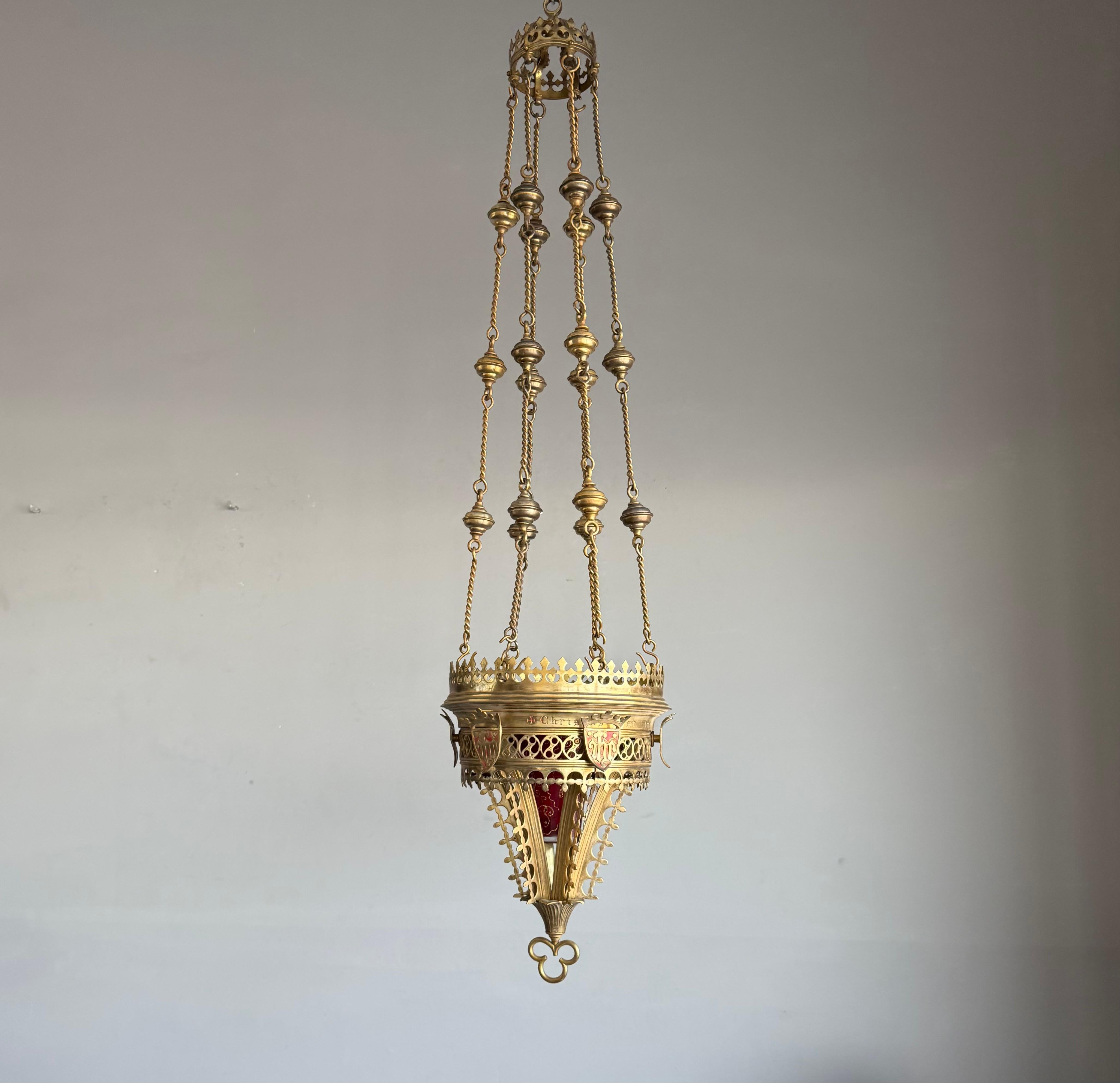 Antique Gilt Bronze & Brass & Glass Gothic Sanctuary Lamp / Church Candle Light For Sale 9