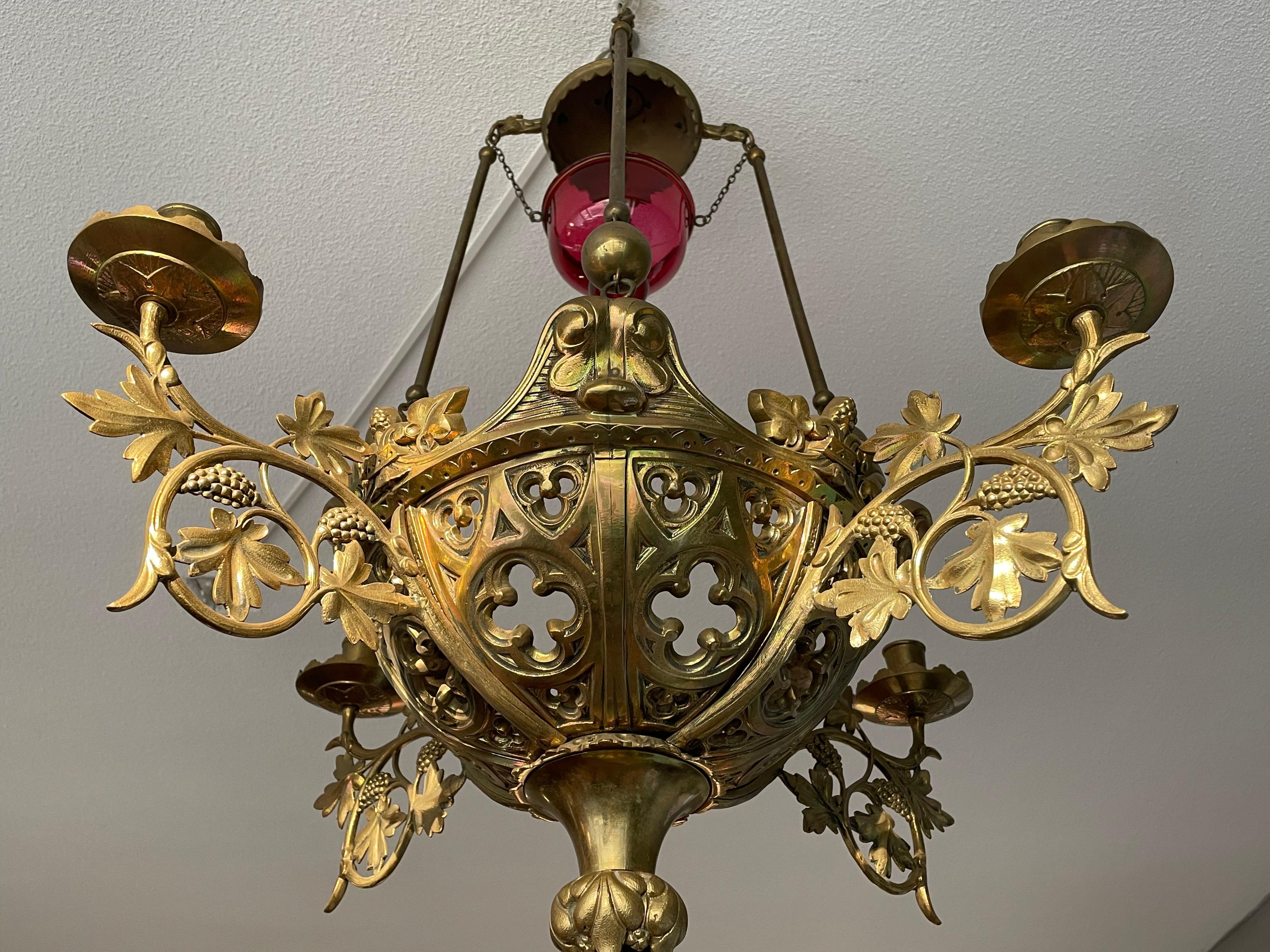 Antique Gilt Bronze & Brass & Glass Gothic Sanctuary Lamp / Church Candle Light 9