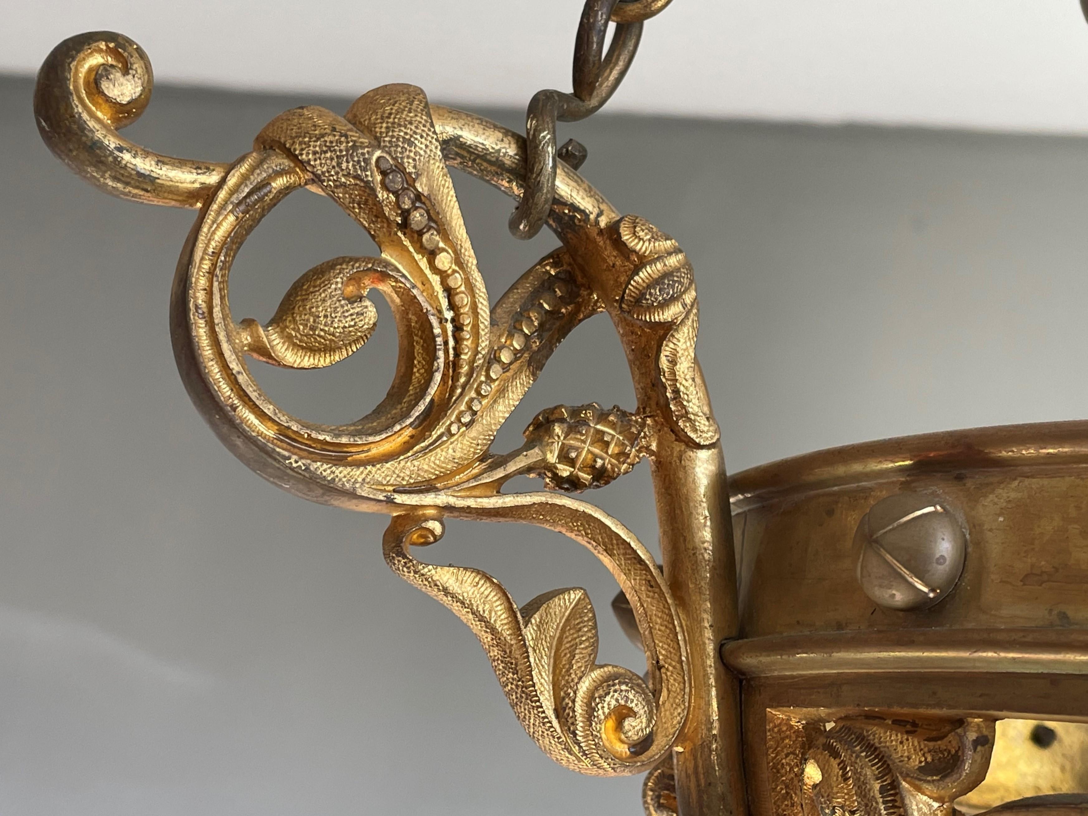 Antique Gilt Bronze & Brass & Glass Gothic Sanctuary Lamp / Church Candle Light 12