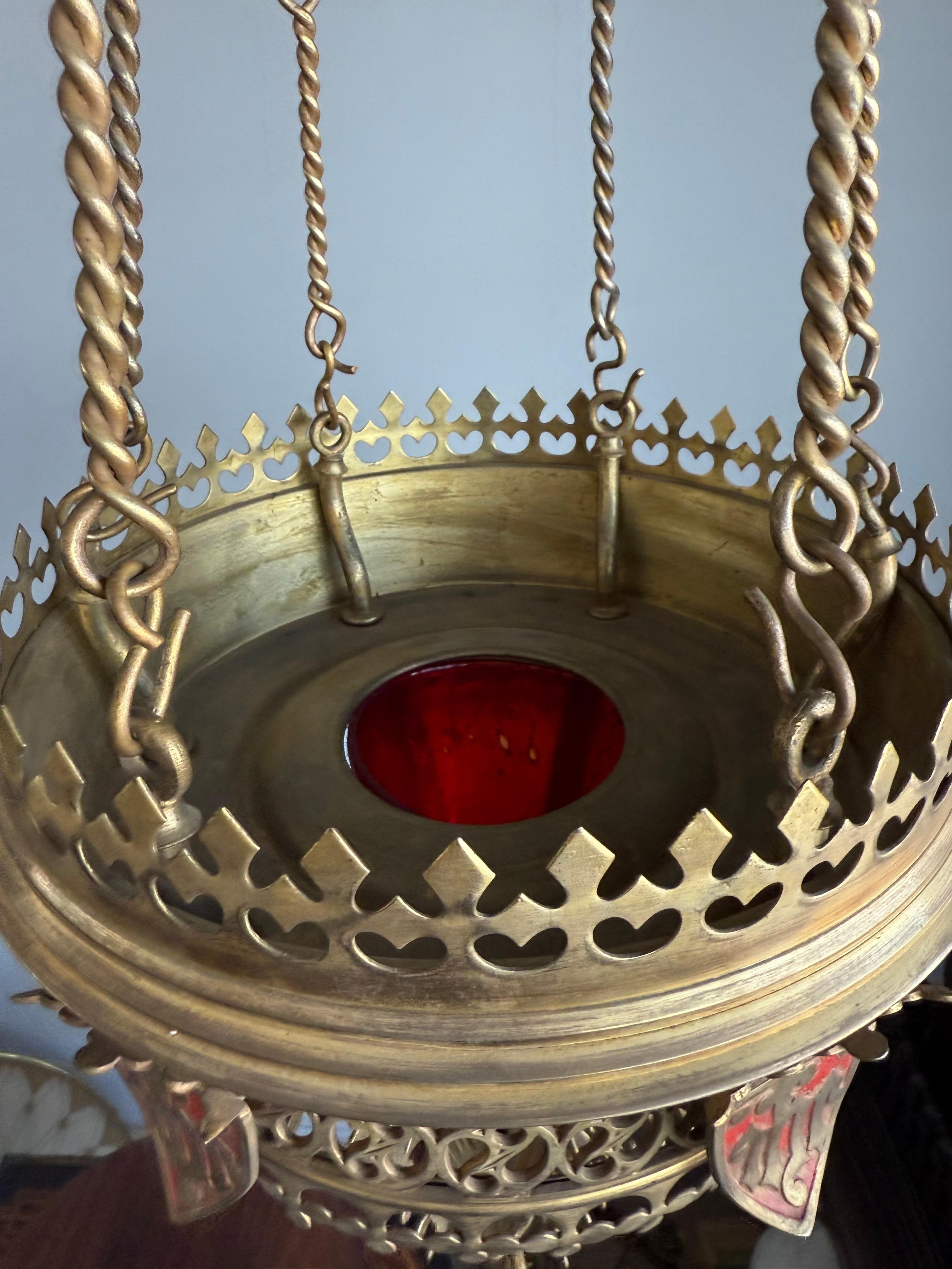 Antique Gilt Bronze & Brass & Glass Gothic Sanctuary Lamp / Church Candle Light For Sale 11