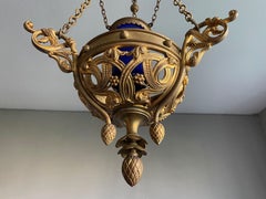 Antique Gilt Bronze & Brass & Glass Gothic Sanctuary Lamp / Church Candle Light