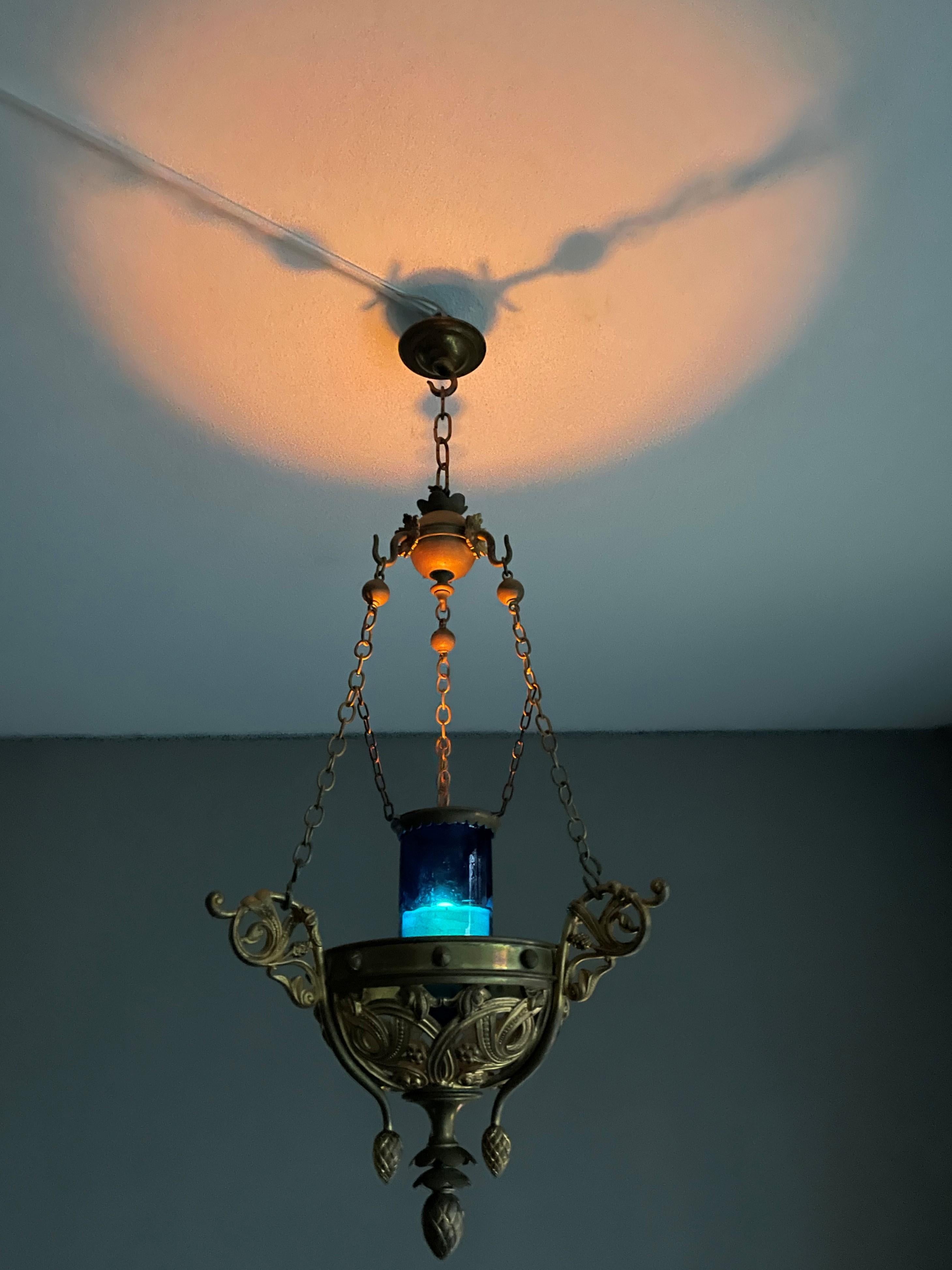 Antique Gilt Bronze & Brass & Glass Gothic Sanctuary Lamp / Church Candle Light 14