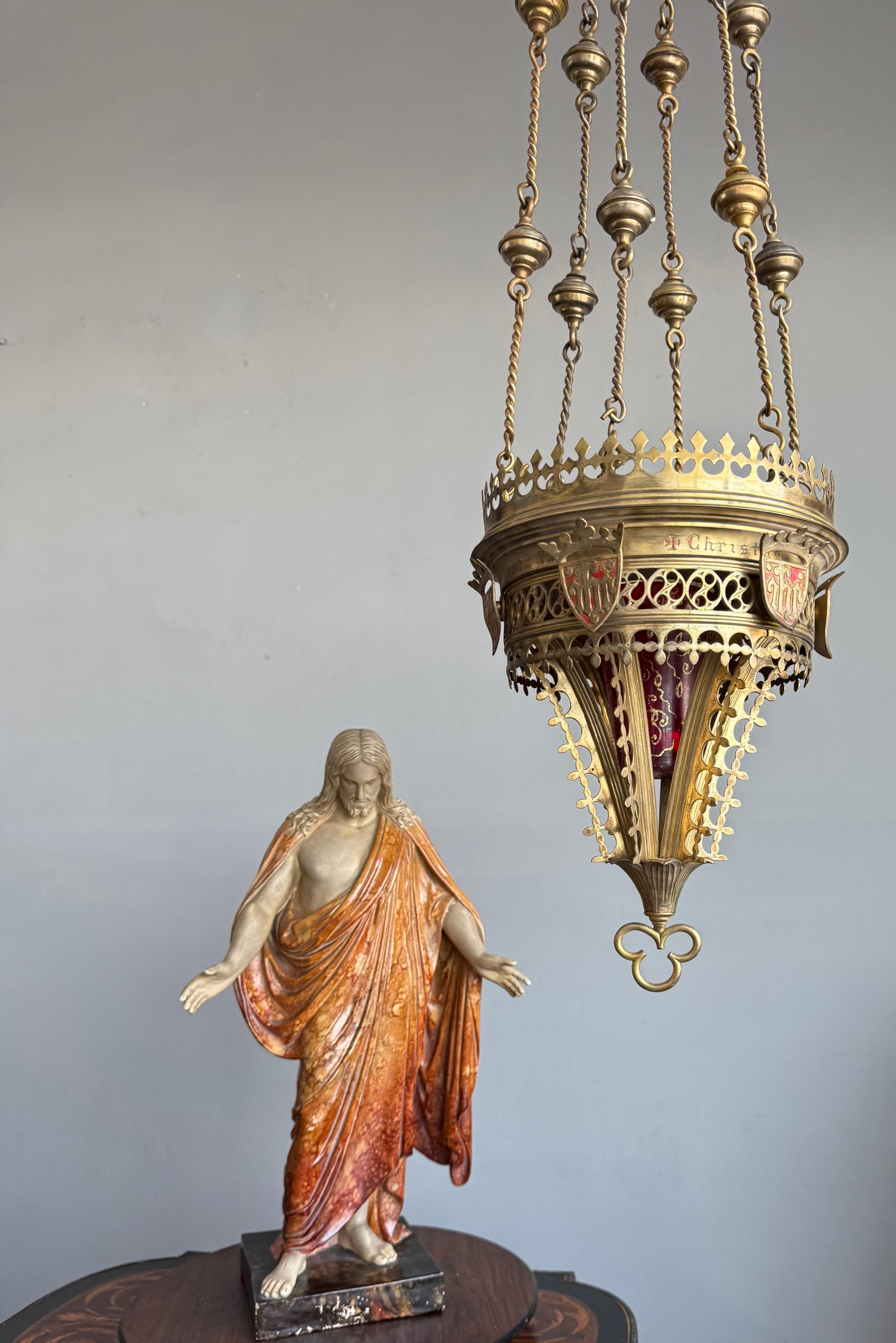 Antique Gilt Bronze & Brass & Glass Gothic Sanctuary Lamp / Church Candle Light For Sale 13