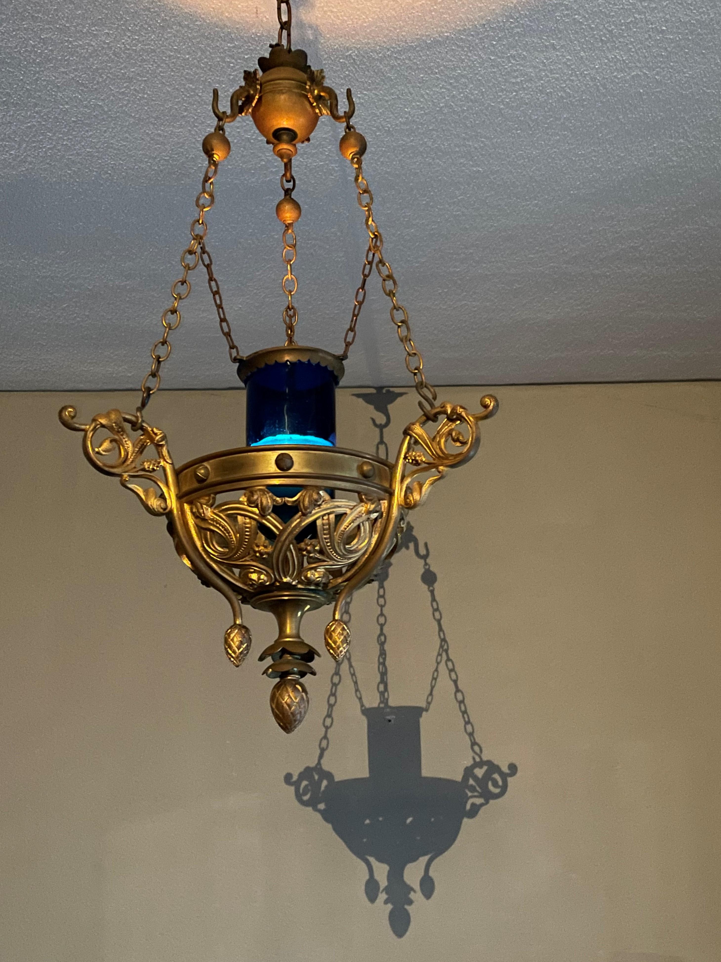 Gothic Revival Antique Gilt Bronze & Brass & Glass Gothic Sanctuary Lamp / Church Candle Light