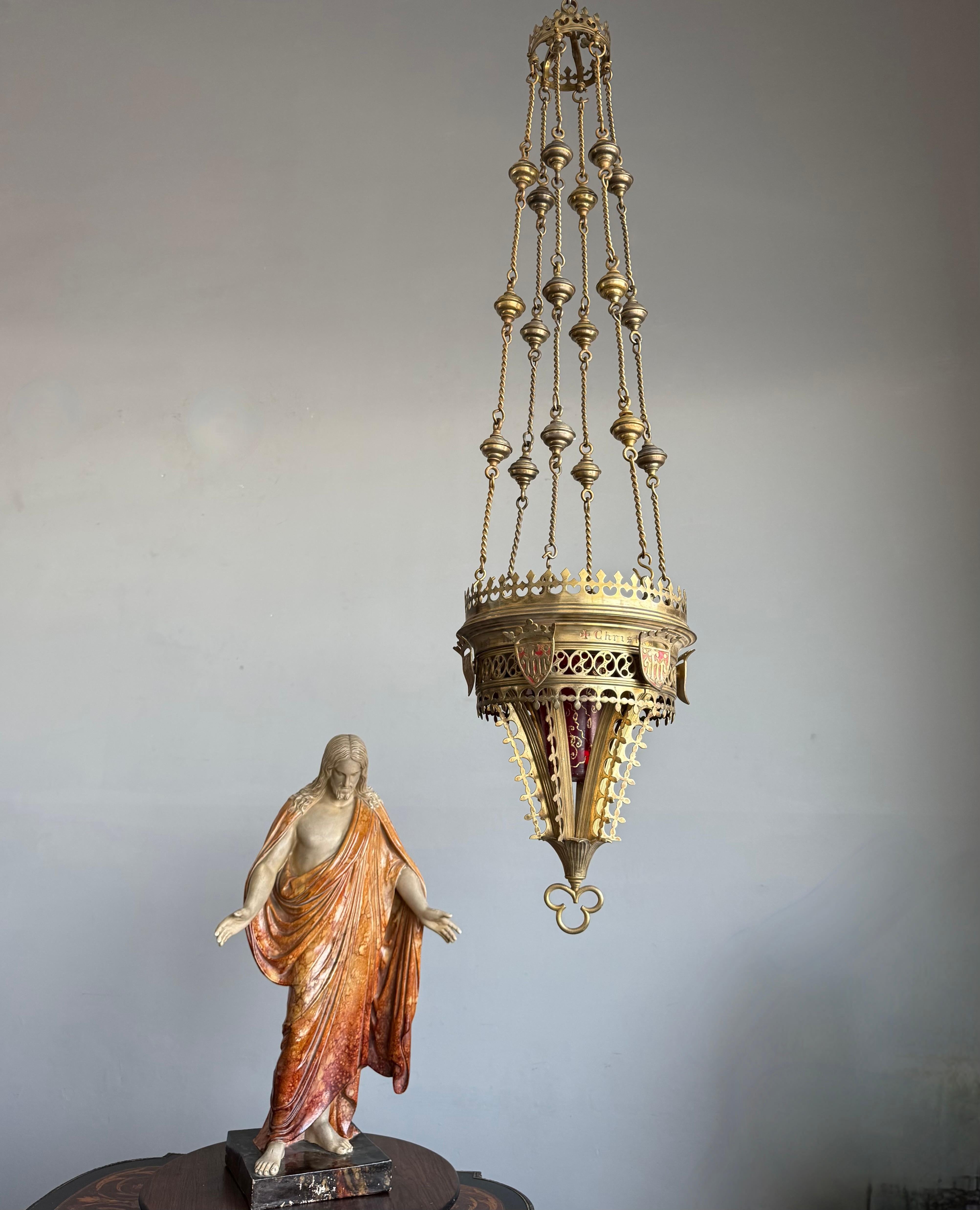 Gothic Revival Antique Gilt Bronze & Brass & Glass Gothic Sanctuary Lamp / Church Candle Light For Sale