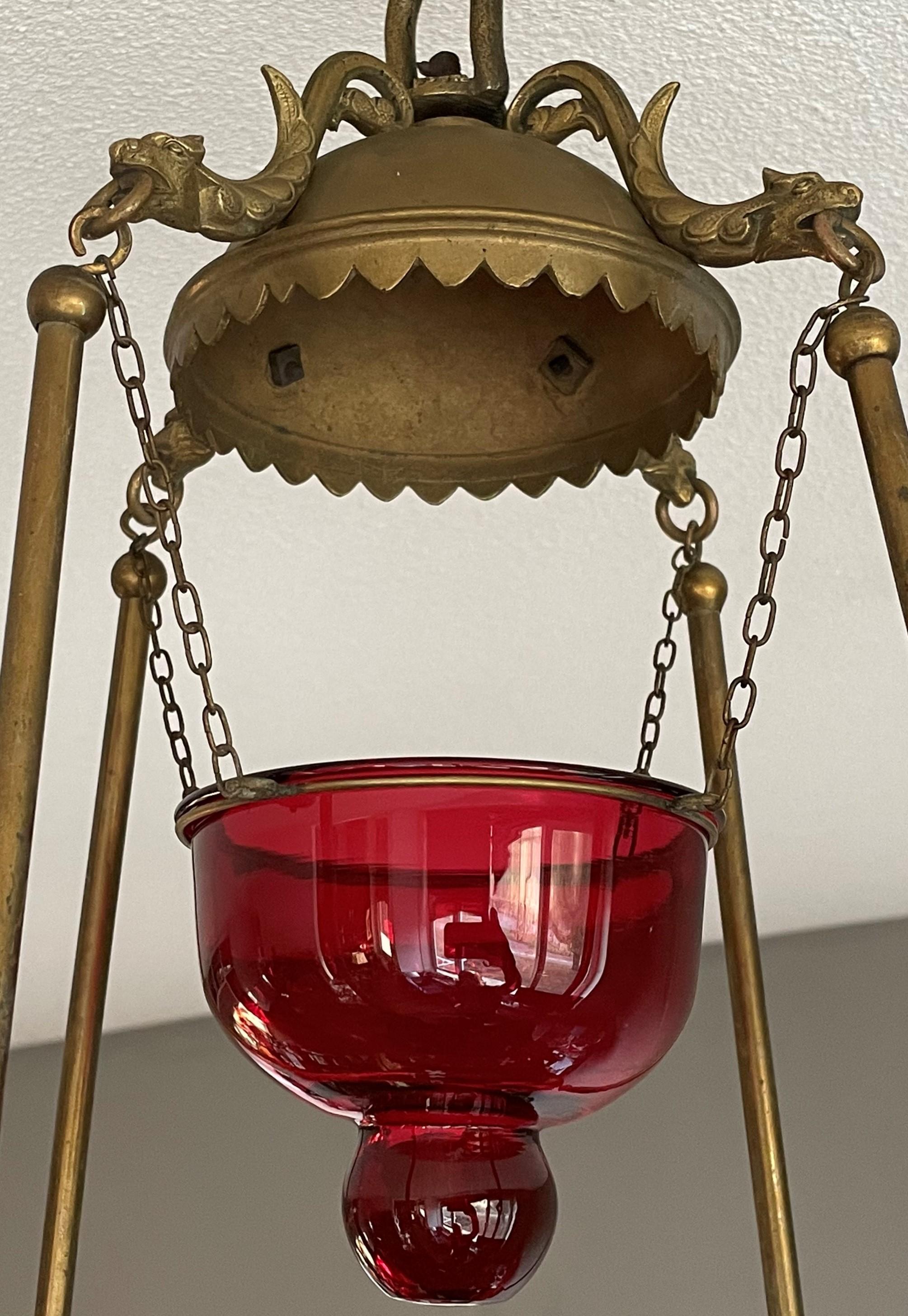 Gothic Revival Antique Gilt Bronze & Brass & Glass Gothic Sanctuary Lamp / Church Candle Light