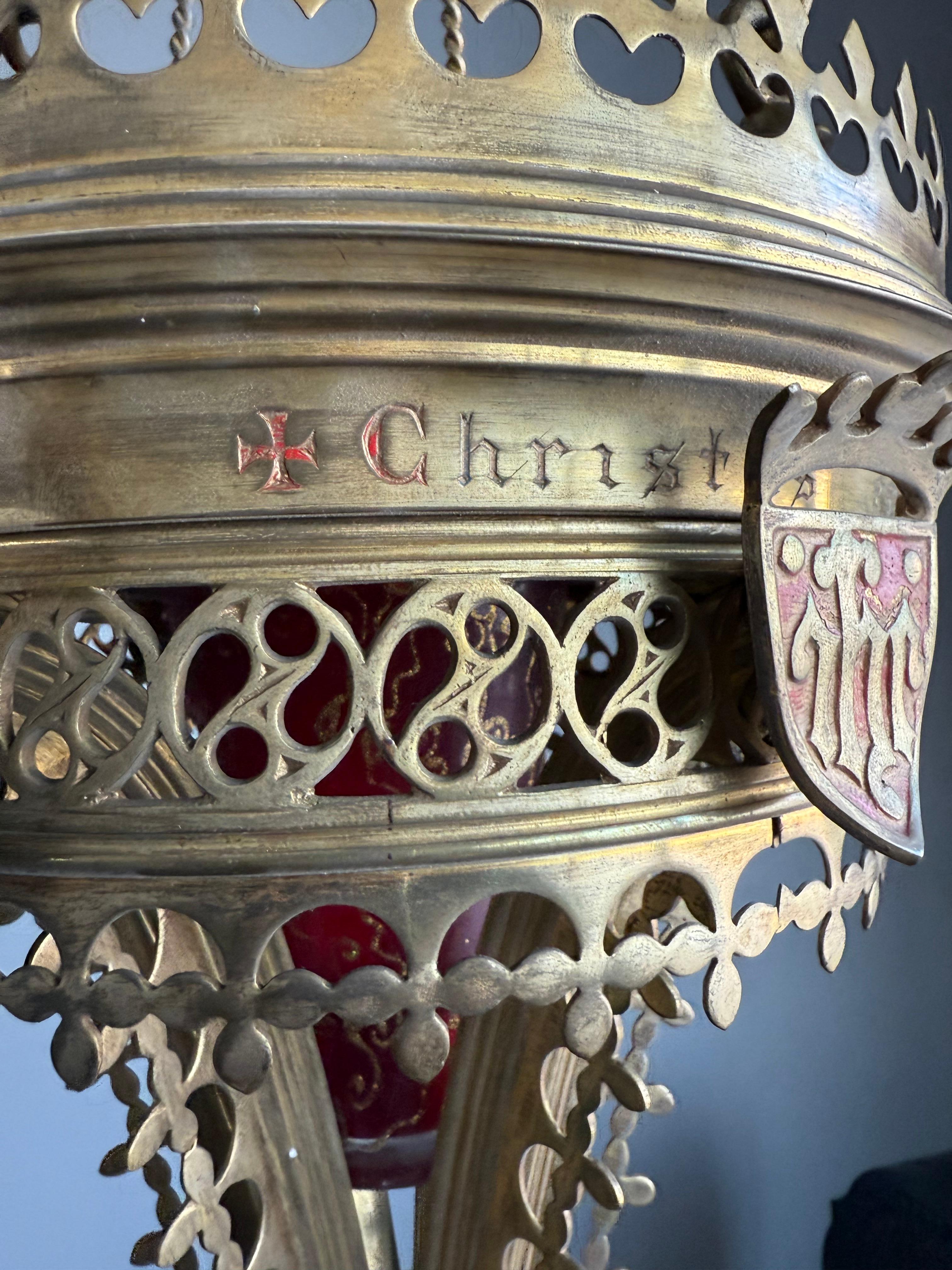 European Antique Gilt Bronze & Brass & Glass Gothic Sanctuary Lamp / Church Candle Light For Sale