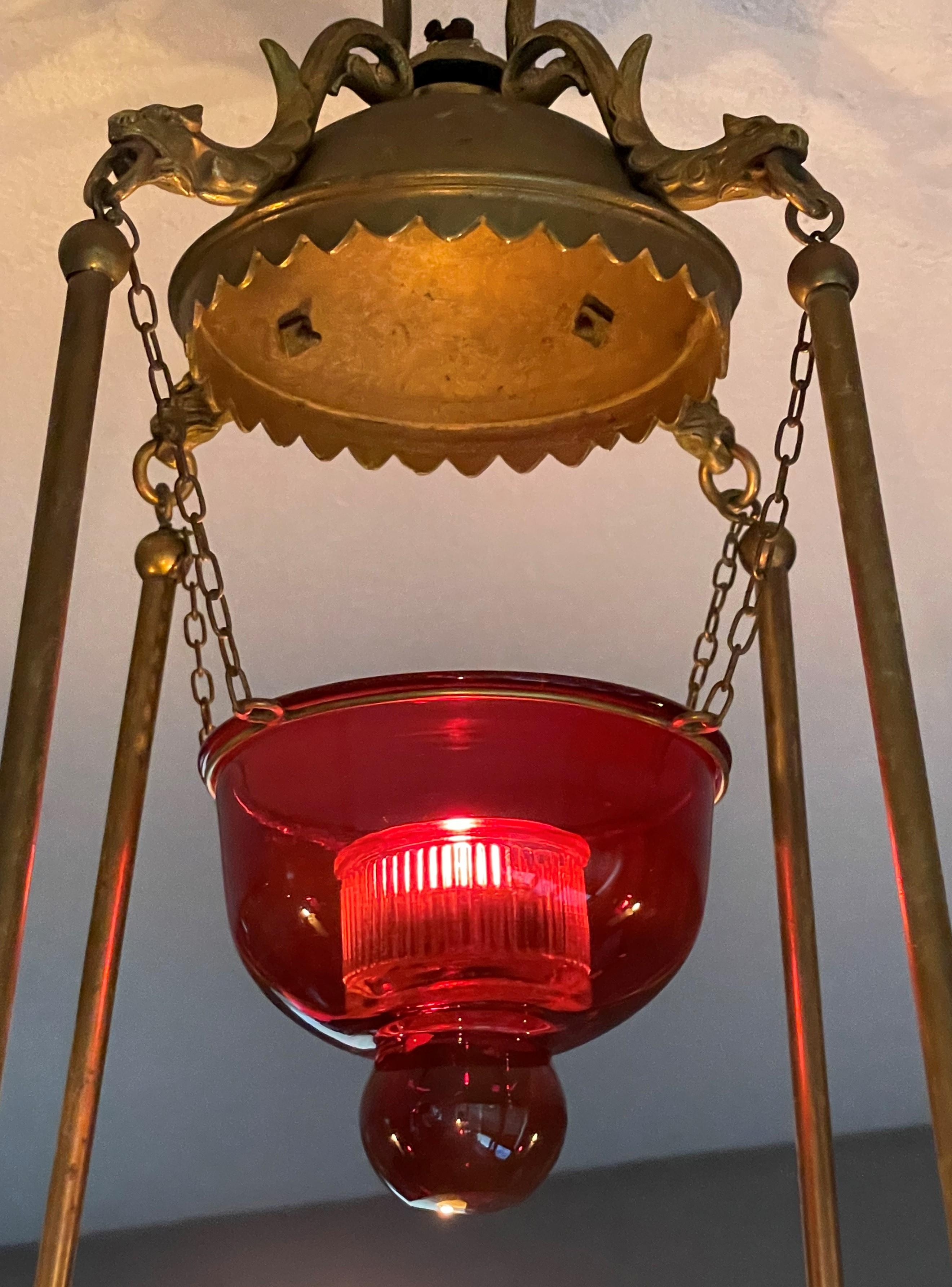 European Antique Gilt Bronze & Brass & Glass Gothic Sanctuary Lamp / Church Candle Light
