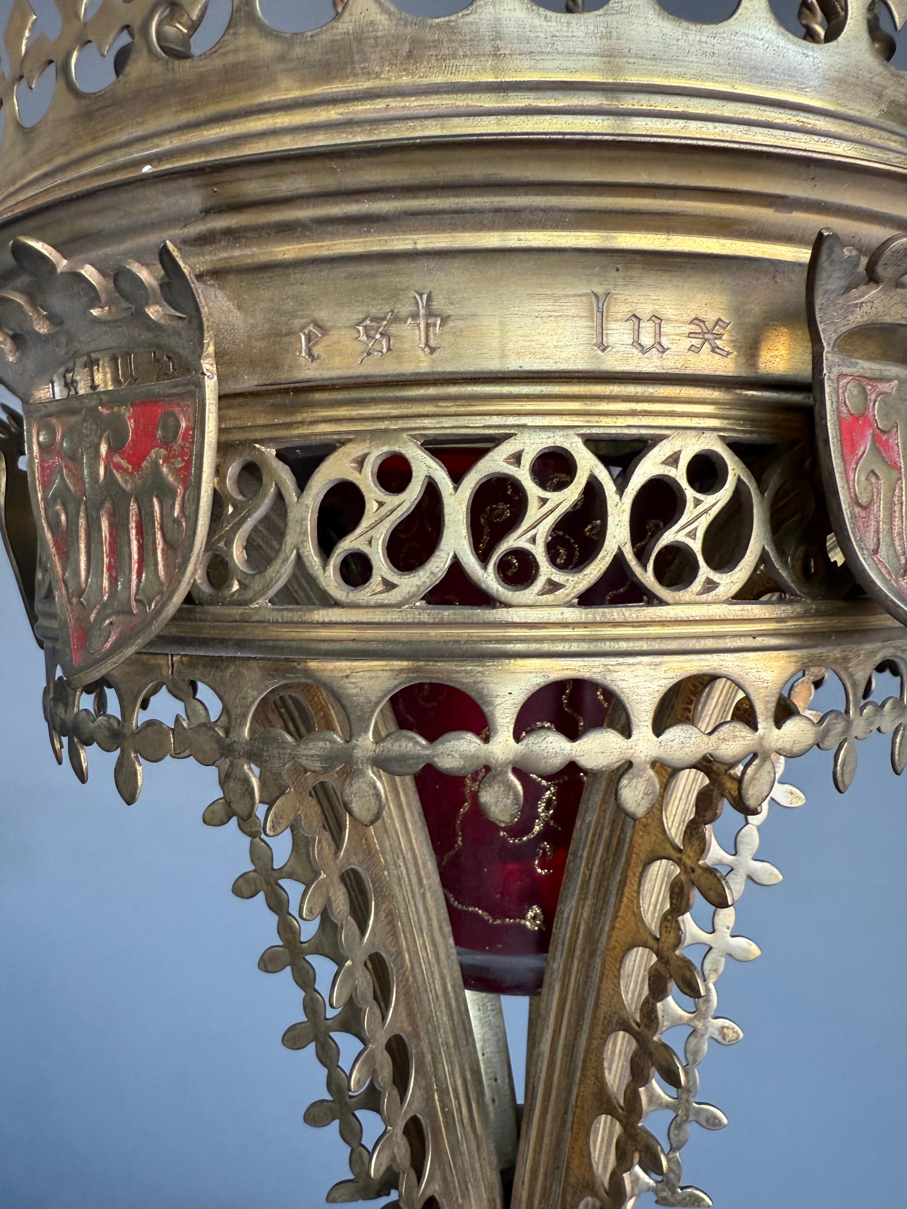 Cast Antique Gilt Bronze & Brass & Glass Gothic Sanctuary Lamp / Church Candle Light For Sale